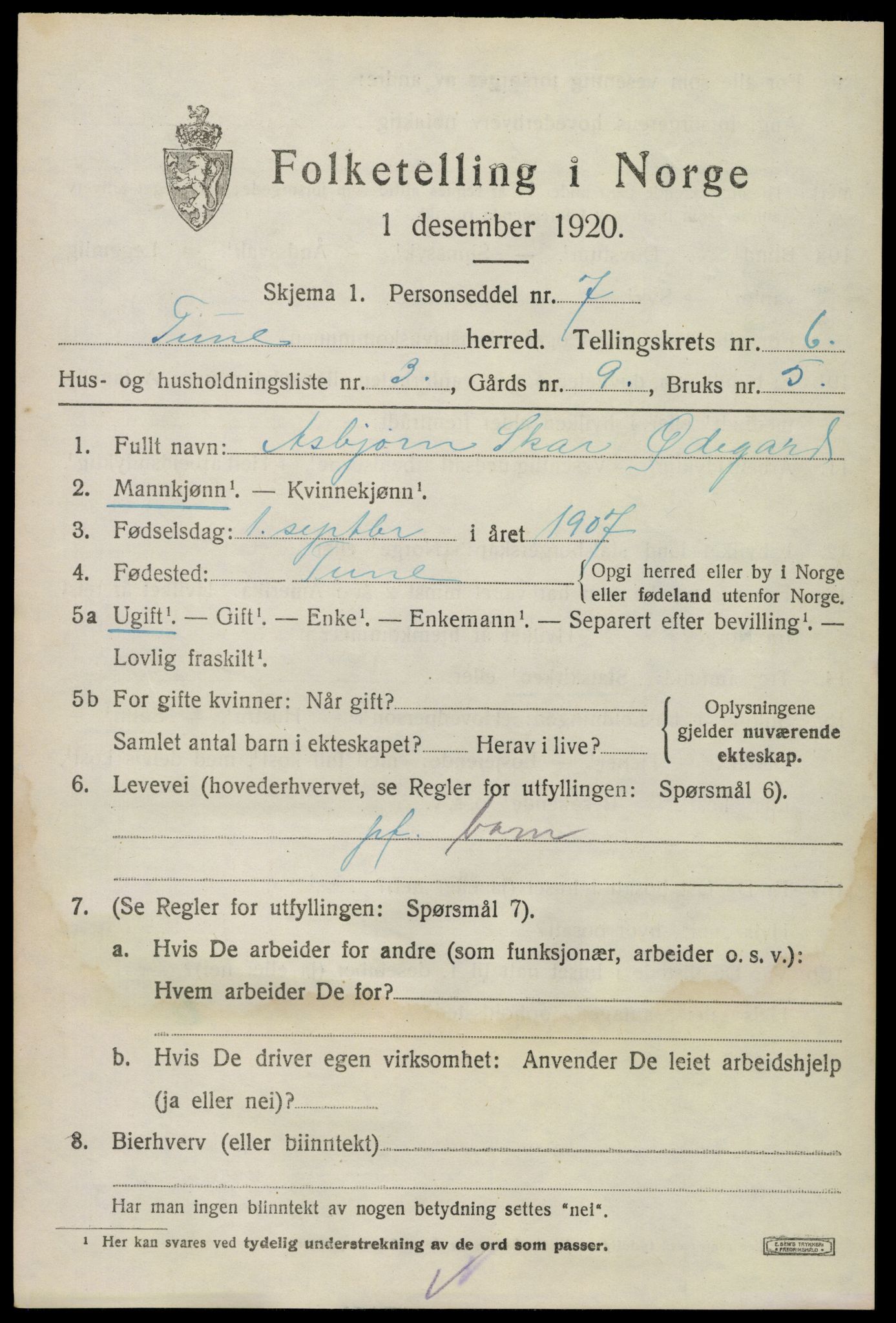 SAO, Folketelling 1920 for 0130 Tune herred, 1920, s. 5720