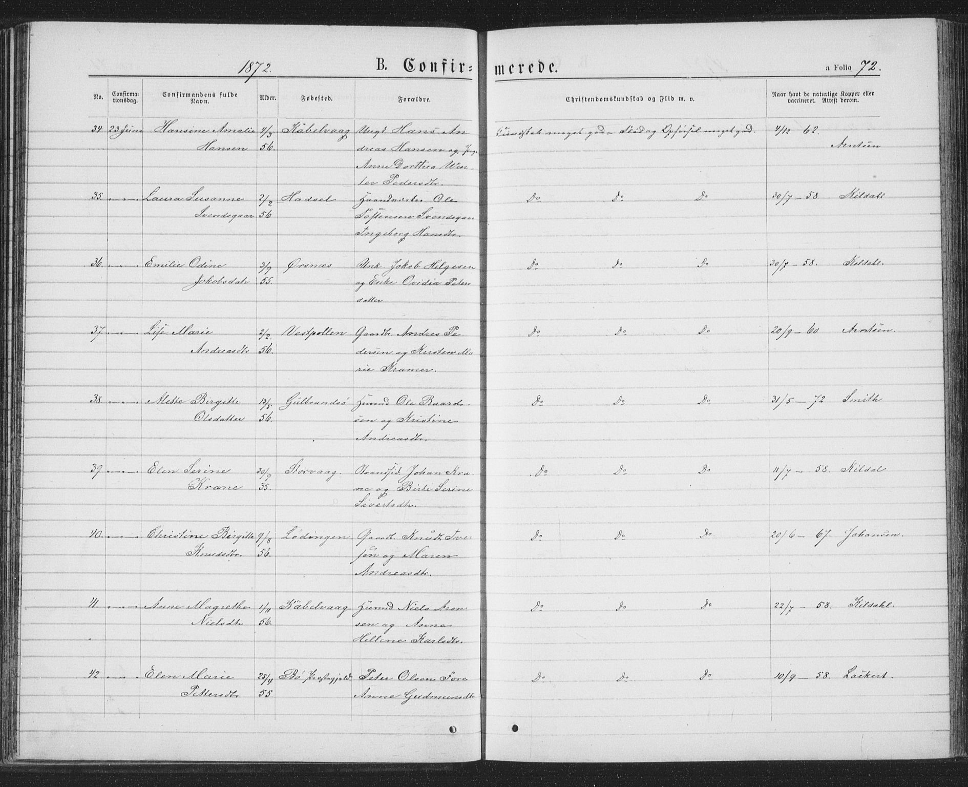 Ministerialprotokoller, klokkerbøker og fødselsregistre - Nordland, AV/SAT-A-1459/874/L1074: Klokkerbok nr. 874C03, 1870-1876, s. 72