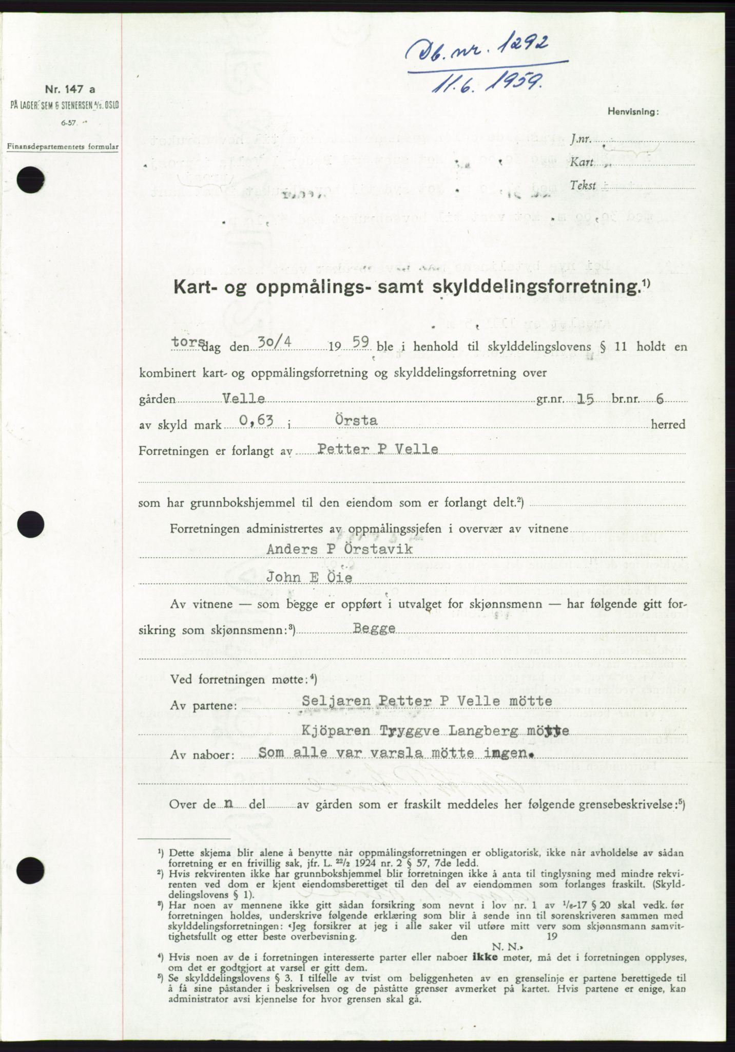 Søre Sunnmøre sorenskriveri, SAT/A-4122/1/2/2C/L0112: Pantebok nr. 38A, 1959-1959, Dagboknr: 1292/1959