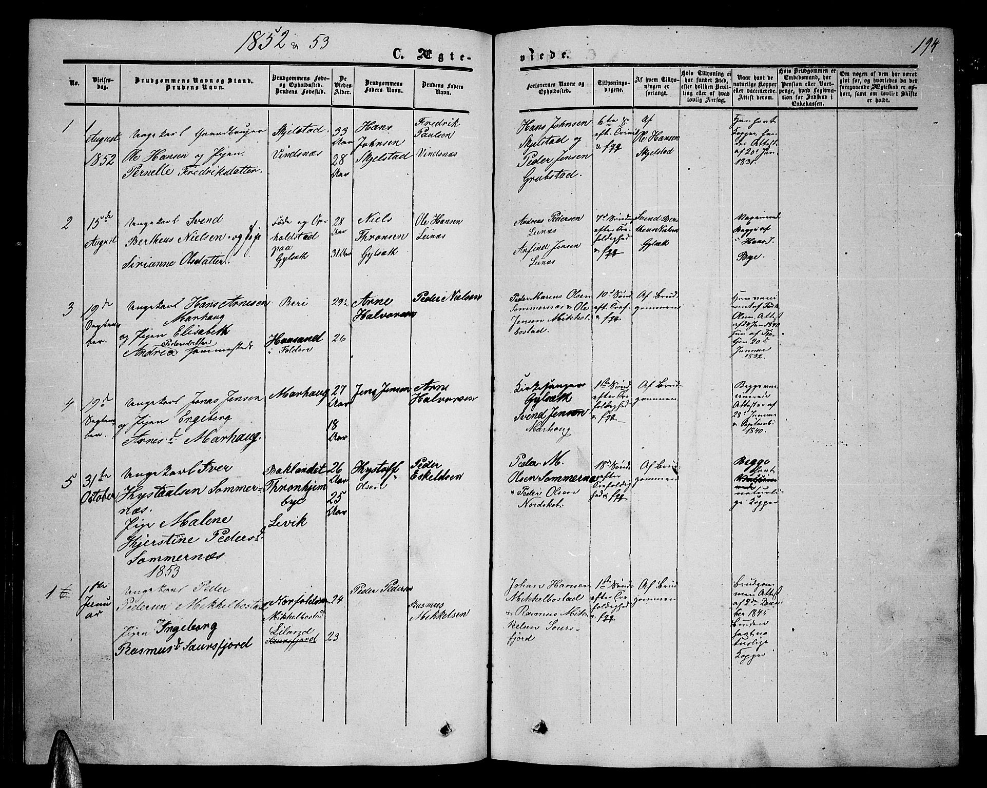 Ministerialprotokoller, klokkerbøker og fødselsregistre - Nordland, AV/SAT-A-1459/857/L0827: Klokkerbok nr. 857C02, 1852-1879, s. 194