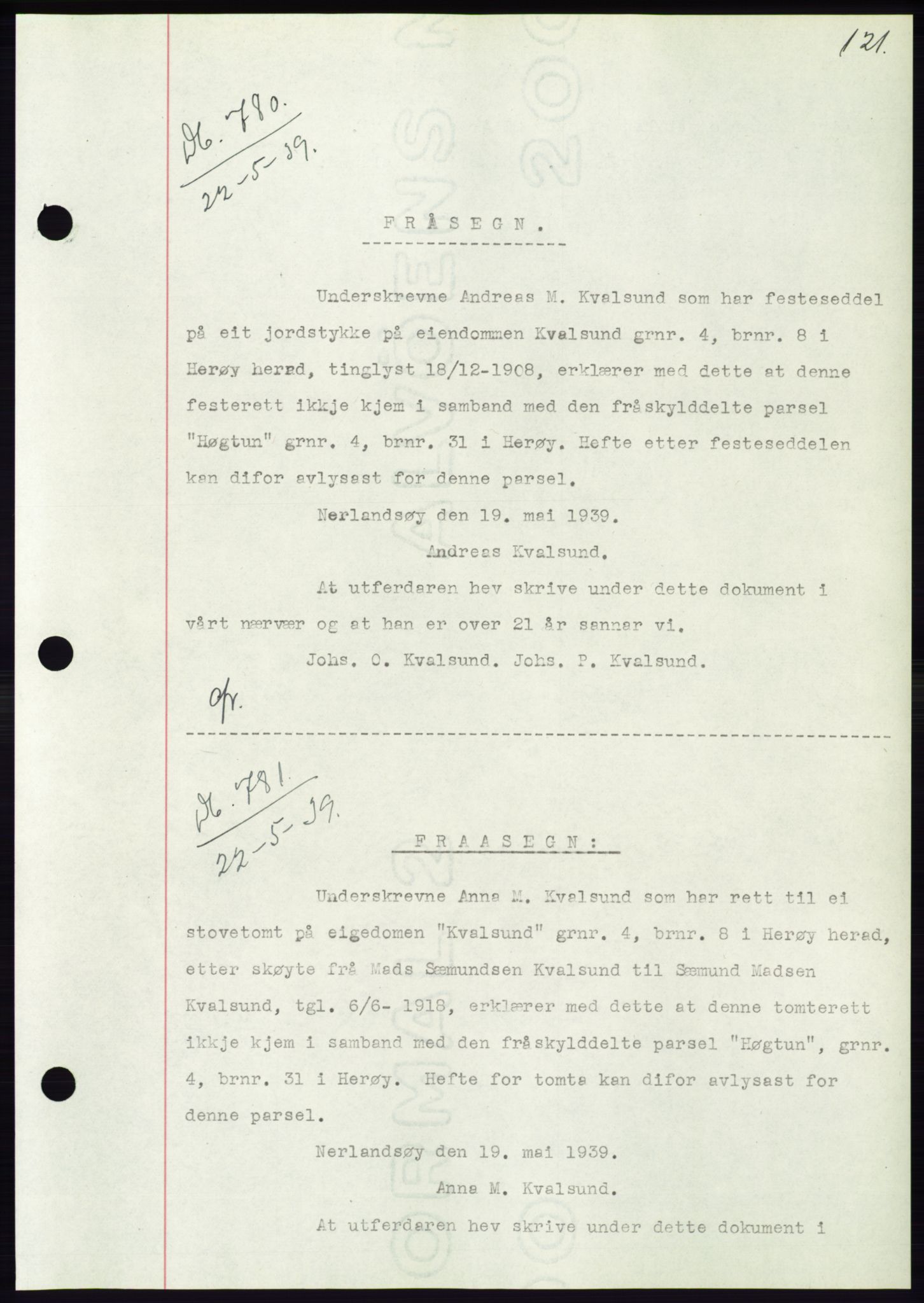 Søre Sunnmøre sorenskriveri, AV/SAT-A-4122/1/2/2C/L0068: Pantebok nr. 62, 1939-1939, Dagboknr: 780/1939