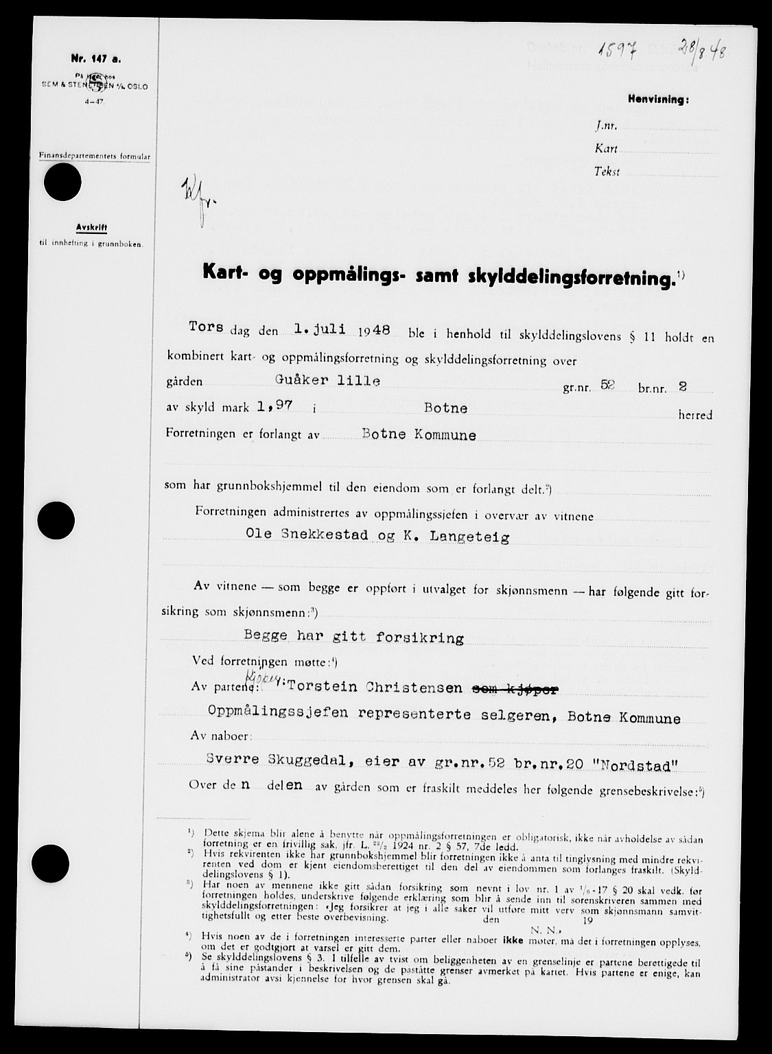 Holmestrand sorenskriveri, SAKO/A-67/G/Ga/Gaa/L0064: Pantebok nr. A-64, 1948-1948, Dagboknr: 1597/1948