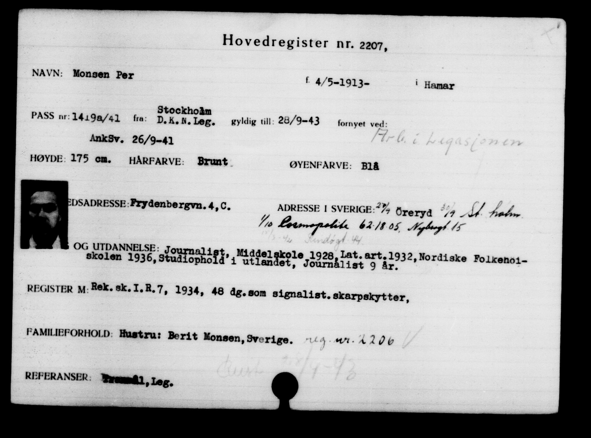 Utenriksstasjonene, Legasjonen i Stockholm, Flyktningkontoret, AV/RA-S-6753/V/Va/L0003: Kjesäterkartoteket, flyktninger med registreringsnr. 2001-3495, 1940-1945, s. 287