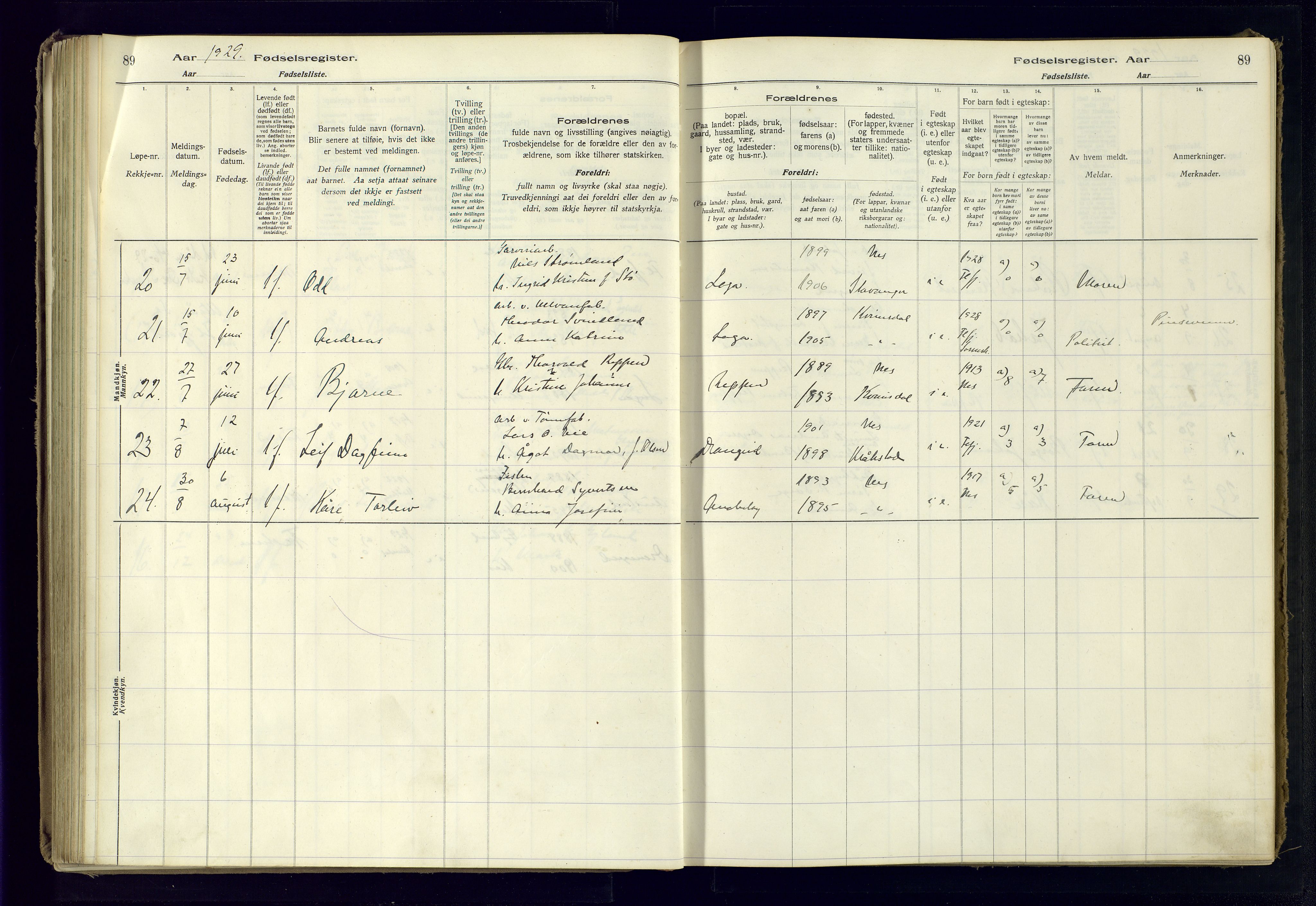 Flekkefjord sokneprestkontor, AV/SAK-1111-0012/J/Ja/L0005: Fødselsregister nr. 5, 1916-1950, s. 89