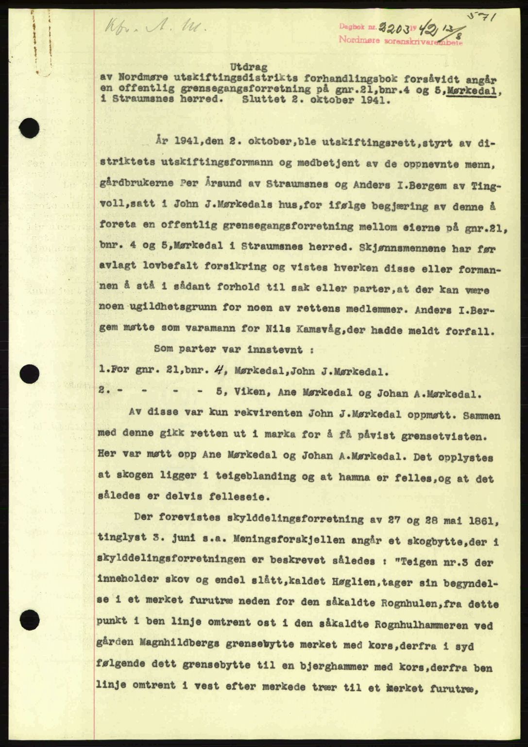 Nordmøre sorenskriveri, SAT/A-4132/1/2/2Ca: Pantebok nr. A93, 1942-1942, Dagboknr: 2203/1942