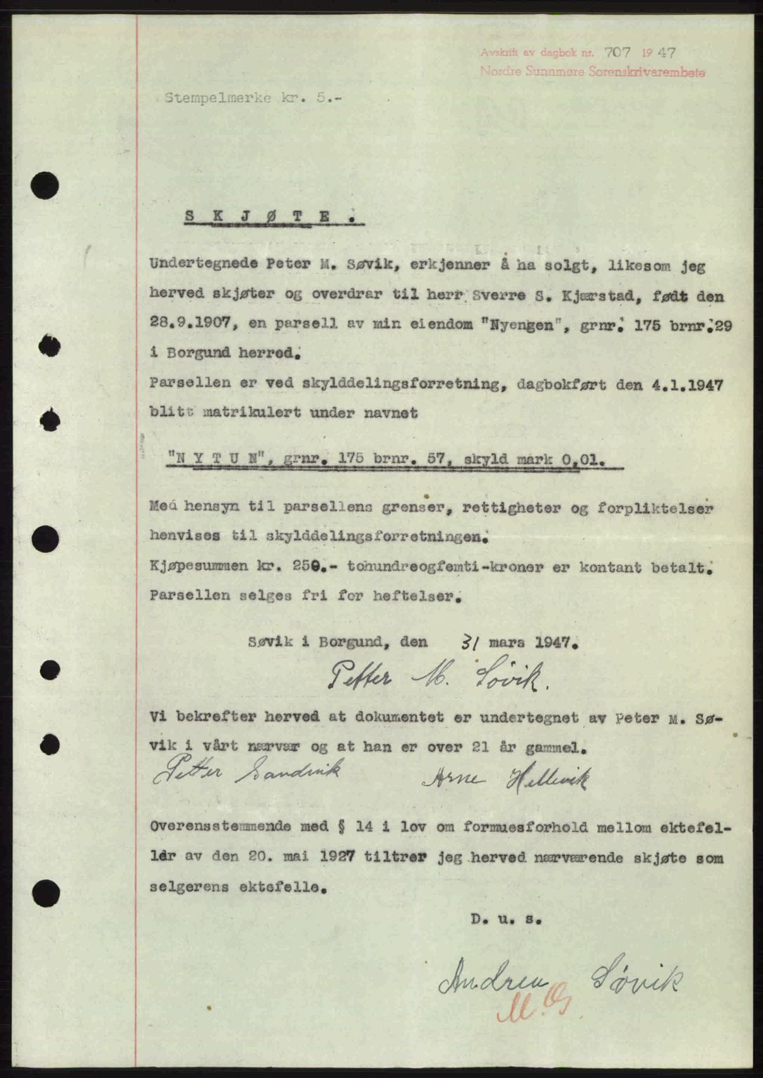 Nordre Sunnmøre sorenskriveri, SAT/A-0006/1/2/2C/2Ca: Pantebok nr. A24, 1947-1947, Dagboknr: 707/1947