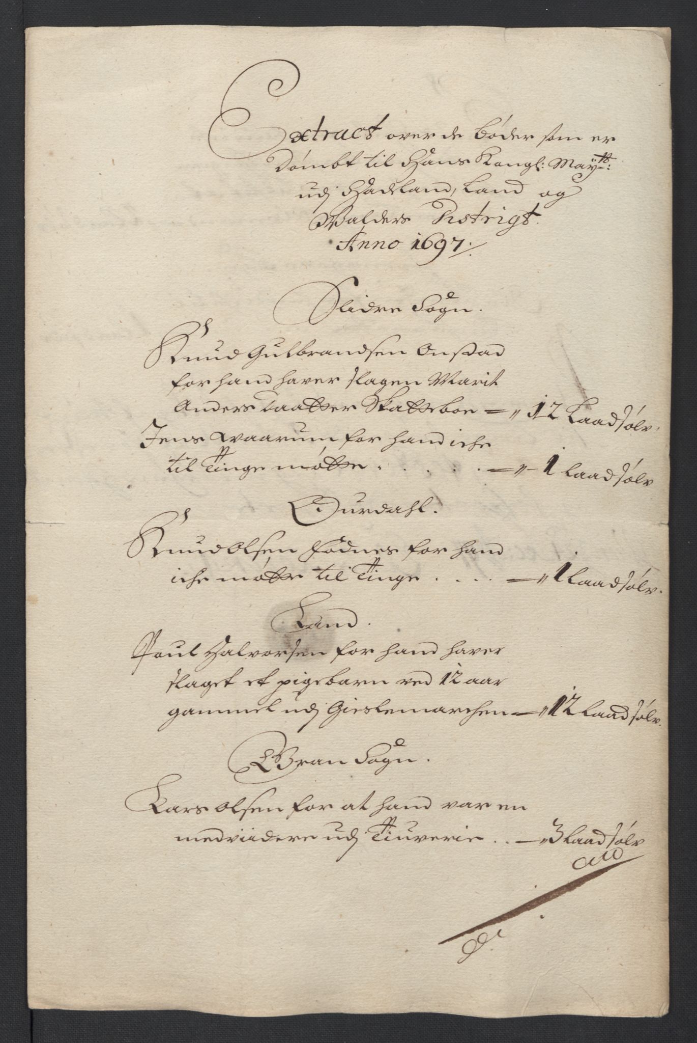 Rentekammeret inntil 1814, Reviderte regnskaper, Fogderegnskap, RA/EA-4092/R18/L1295: Fogderegnskap Hadeland, Toten og Valdres, 1697, s. 160