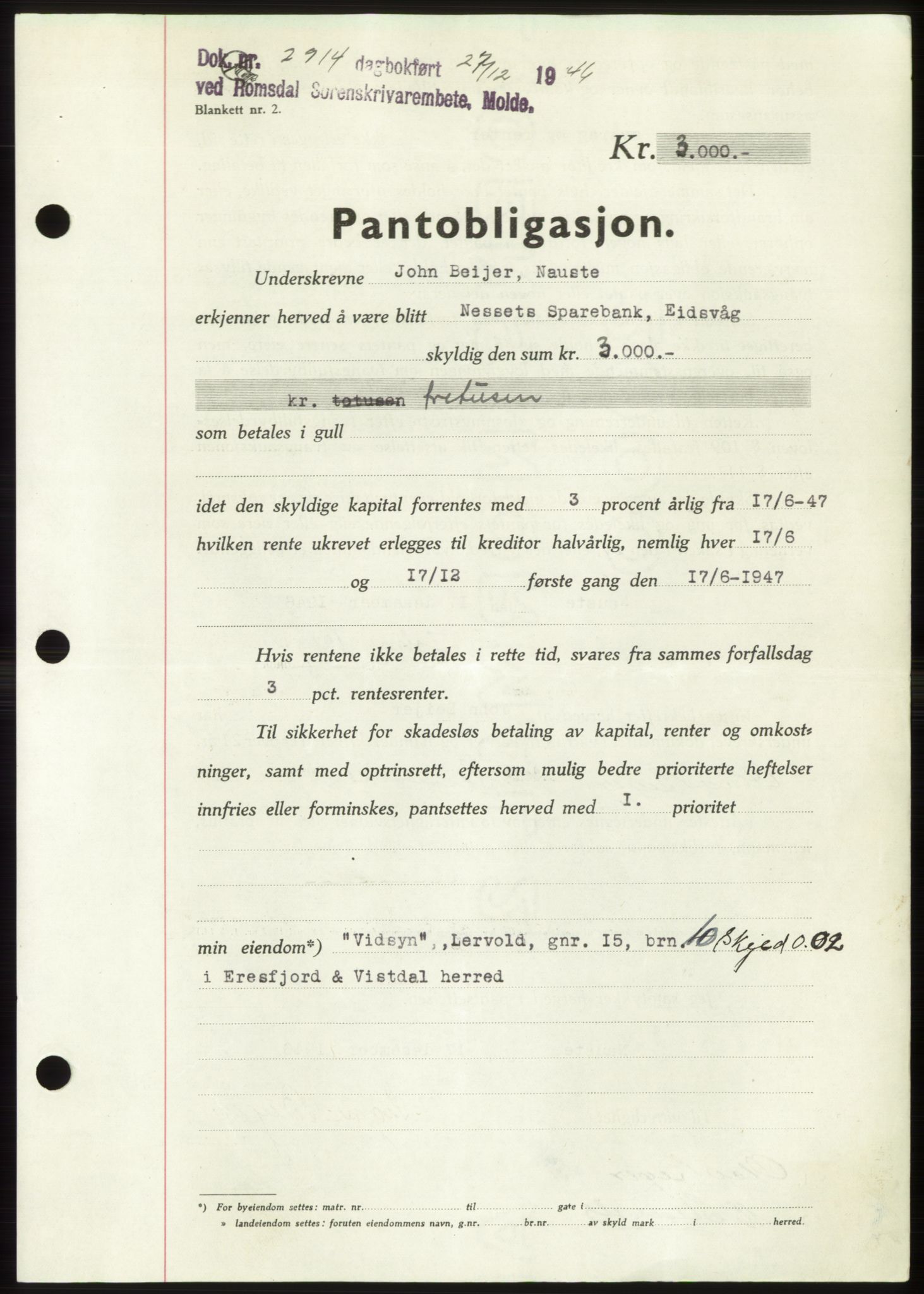 Romsdal sorenskriveri, SAT/A-4149/1/2/2C: Pantebok nr. B3, 1946-1948, Dagboknr: 2914/1946