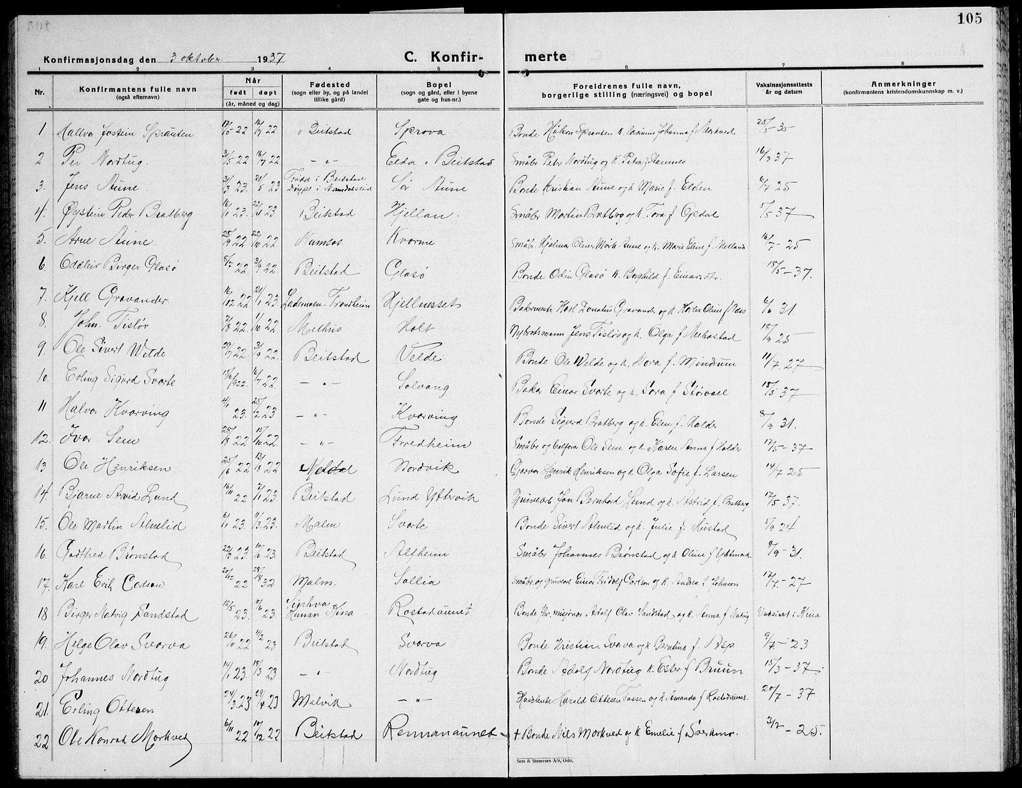 Ministerialprotokoller, klokkerbøker og fødselsregistre - Nord-Trøndelag, SAT/A-1458/741/L0403: Klokkerbok nr. 741C04, 1925-1944, s. 105