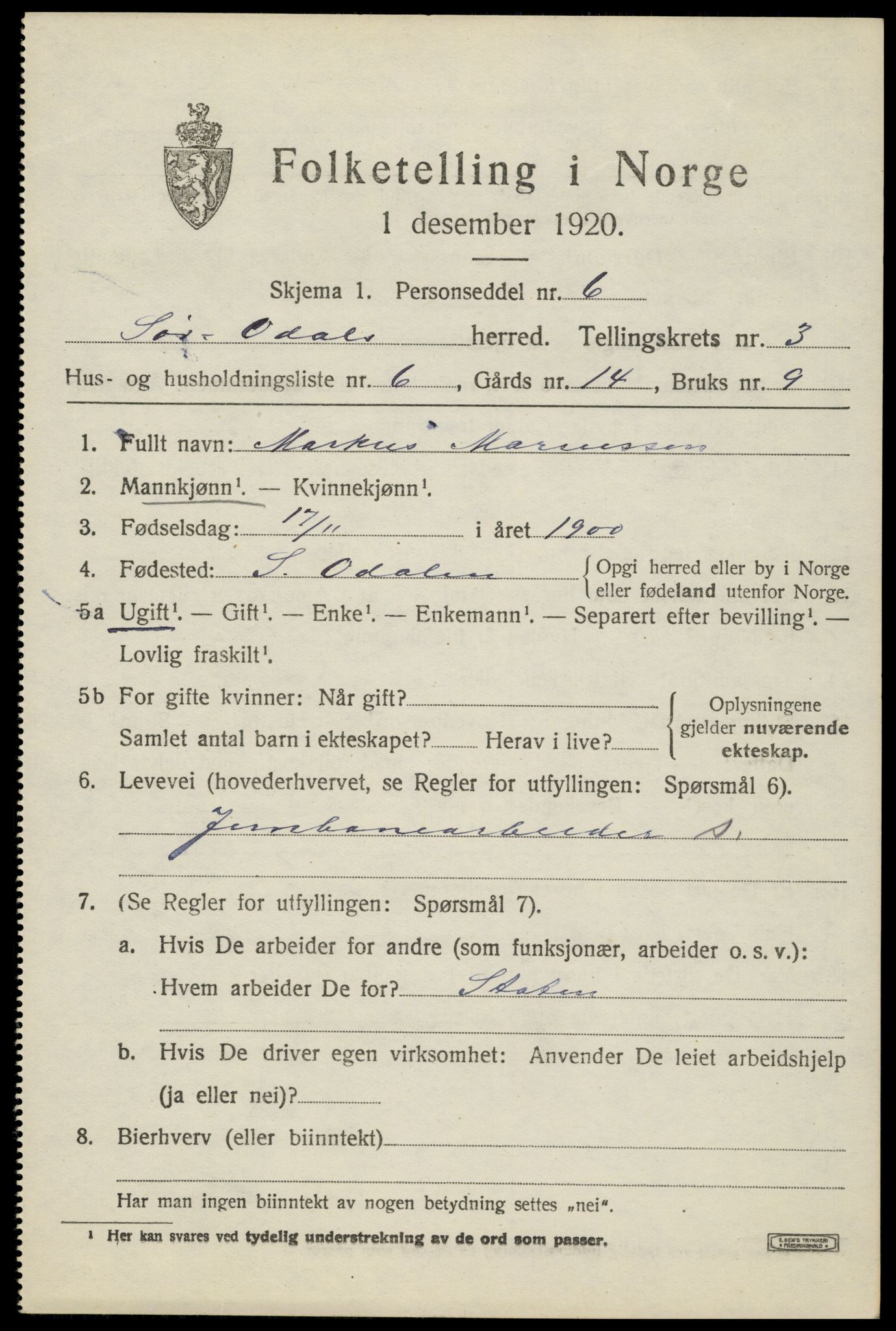 SAH, Folketelling 1920 for 0419 Sør-Odal herred, 1920, s. 4313