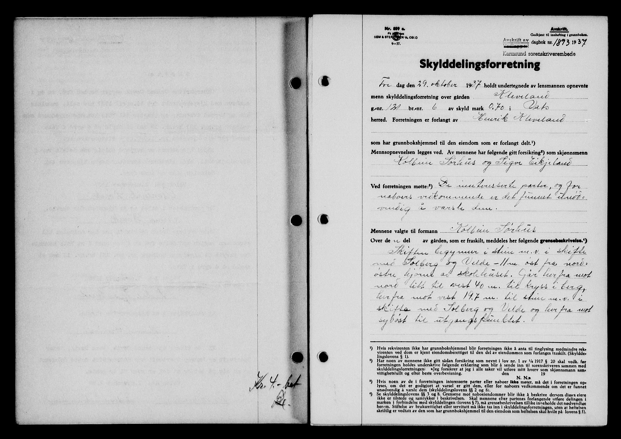 Karmsund sorenskriveri, SAST/A-100311/01/II/IIB/L0068: Pantebok nr. 49A, 1937-1937, Dagboknr: 1893/1937