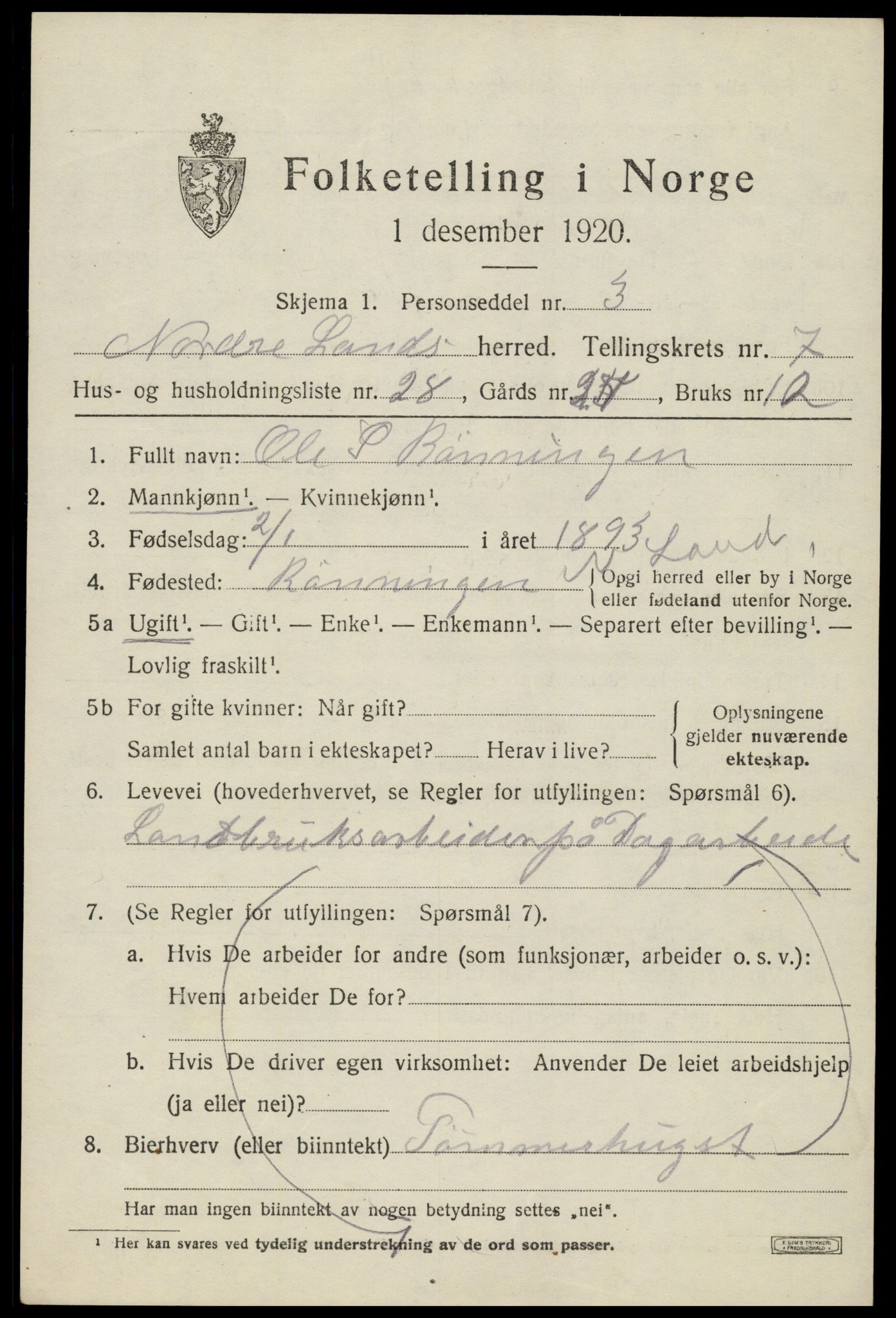 SAH, Folketelling 1920 for 0538 Nordre Land herred, 1920, s. 4740