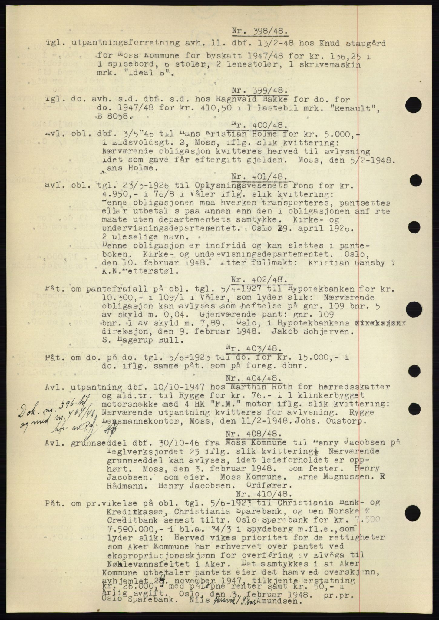 Moss sorenskriveri, SAO/A-10168: Pantebok nr. C10, 1938-1950, Dagboknr: 398/1948