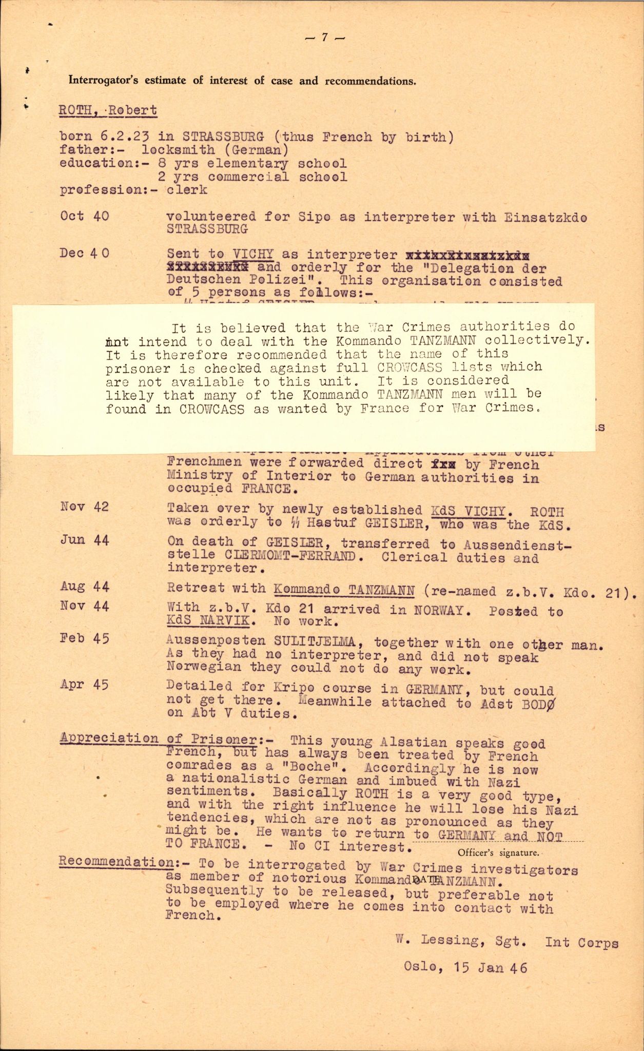 Forsvaret, Forsvarets overkommando II, RA/RAFA-3915/D/Db/L0028: CI Questionaires. Tyske okkupasjonsstyrker i Norge. Tyskere., 1945-1946, s. 171