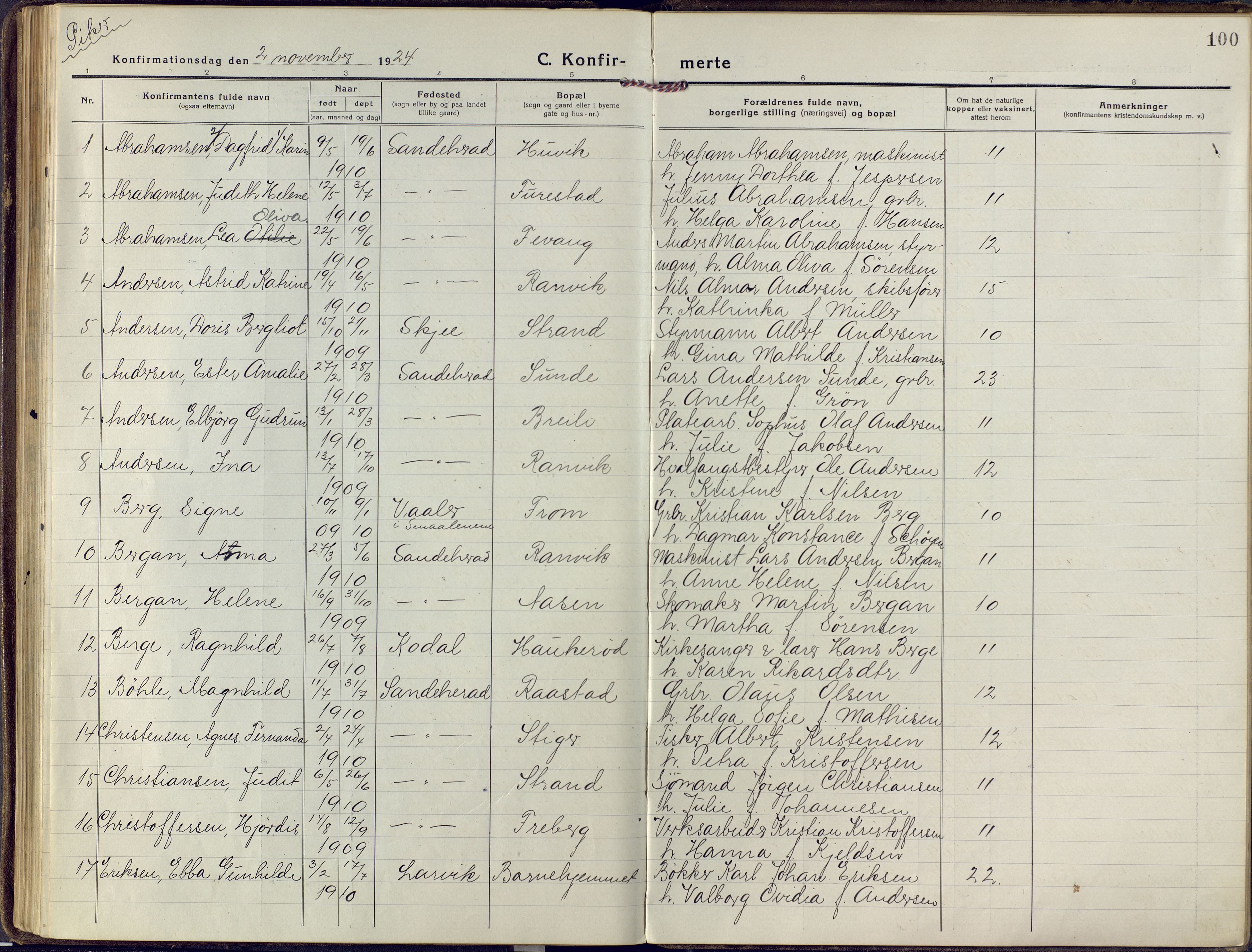 Sandar kirkebøker, AV/SAKO-A-243/F/Fa/L0018: Ministerialbok nr. 18, 1917-1926, s. 100