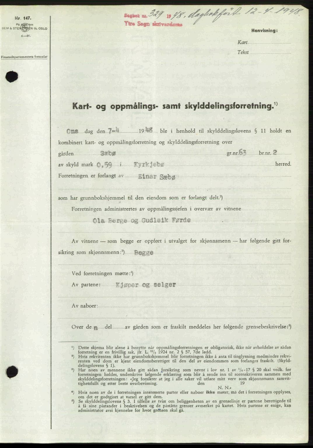 Ytre Sogn tingrett, SAB/A-2601/1/G/Gbb/L0005: Pantebok nr. A3 - A4 (B2), 1947-1948, Dagboknr: 329/1948