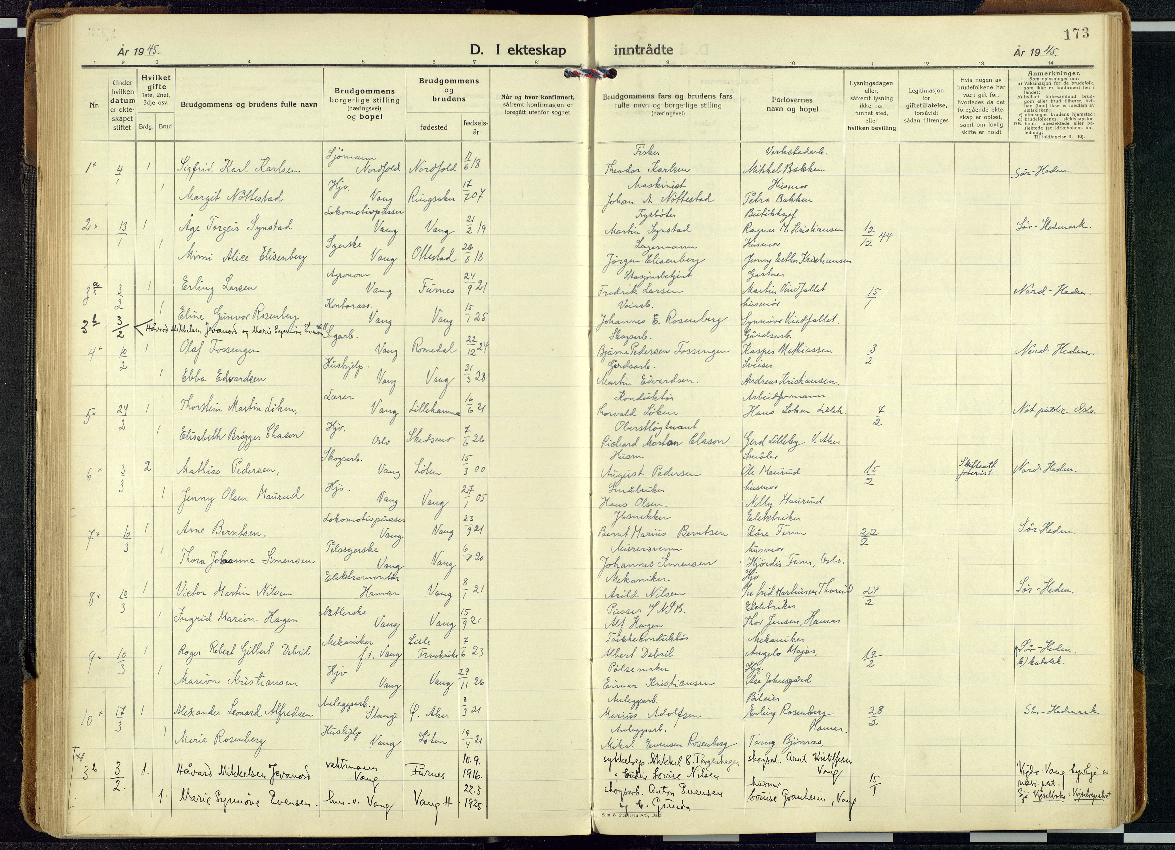 Vang prestekontor, Hedmark, SAH/PREST-008/H/Ha/Haa/L0024: Ministerialbok nr. 24, 1941-1967, s. 173