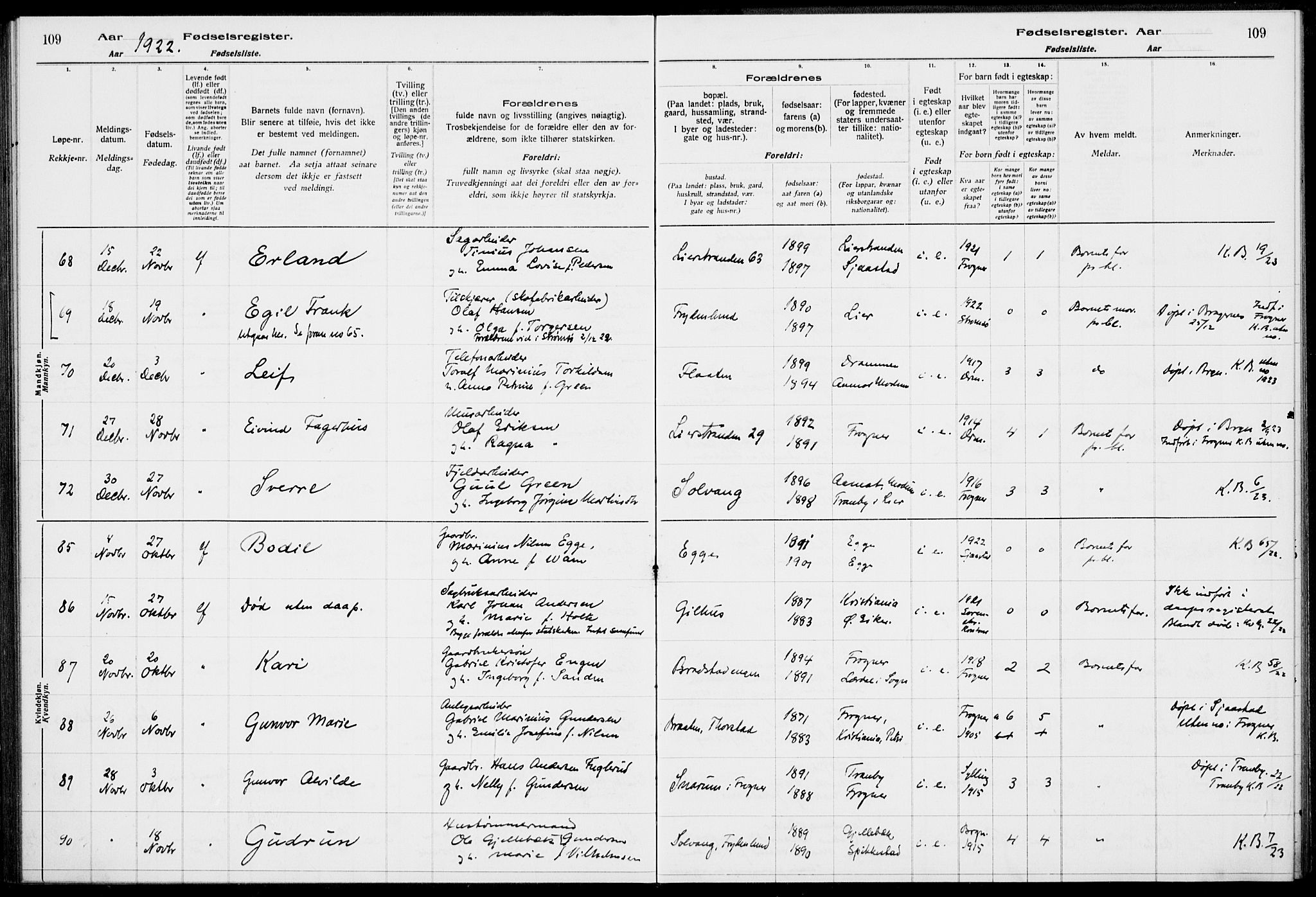 Lier kirkebøker, AV/SAKO-A-230/J/Ja/L0001: Fødselsregister nr. 1, 1916-1928, s. 109