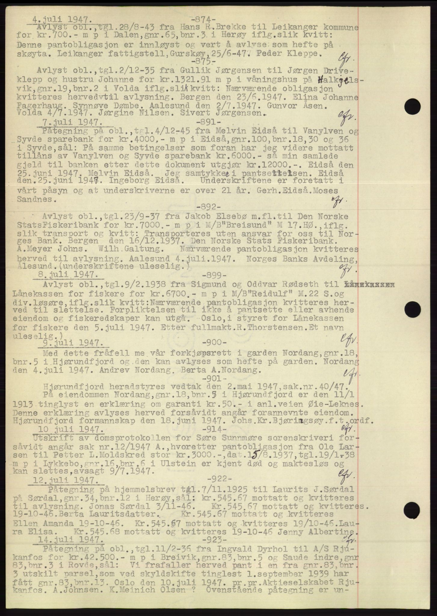 Søre Sunnmøre sorenskriveri, AV/SAT-A-4122/1/2/2C/L0072: Pantebok nr. 66, 1941-1955, Dagboknr: 874/1947