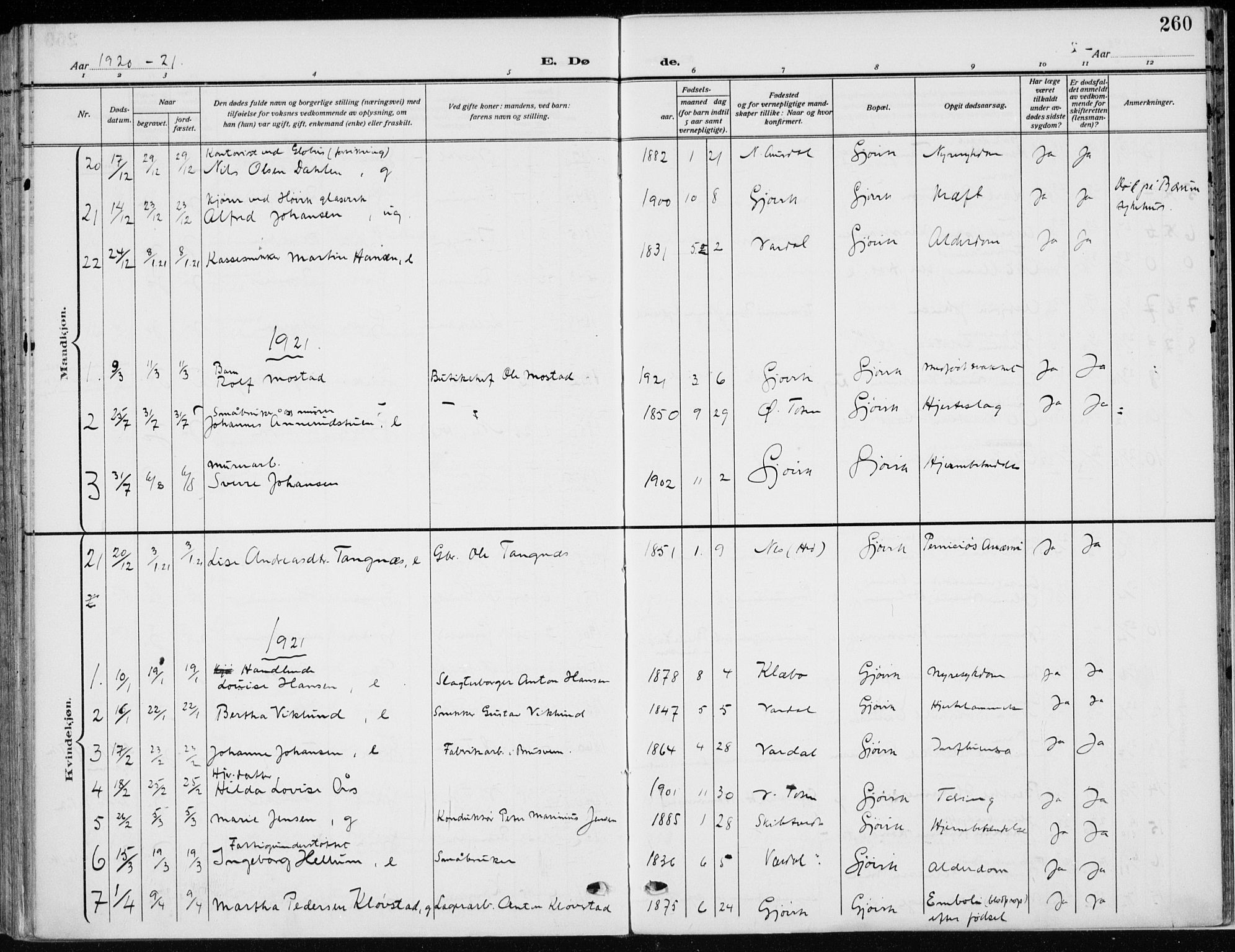 Vardal prestekontor, SAH/PREST-100/H/Ha/Haa/L0014: Ministerialbok nr. 14, 1912-1922, s. 260