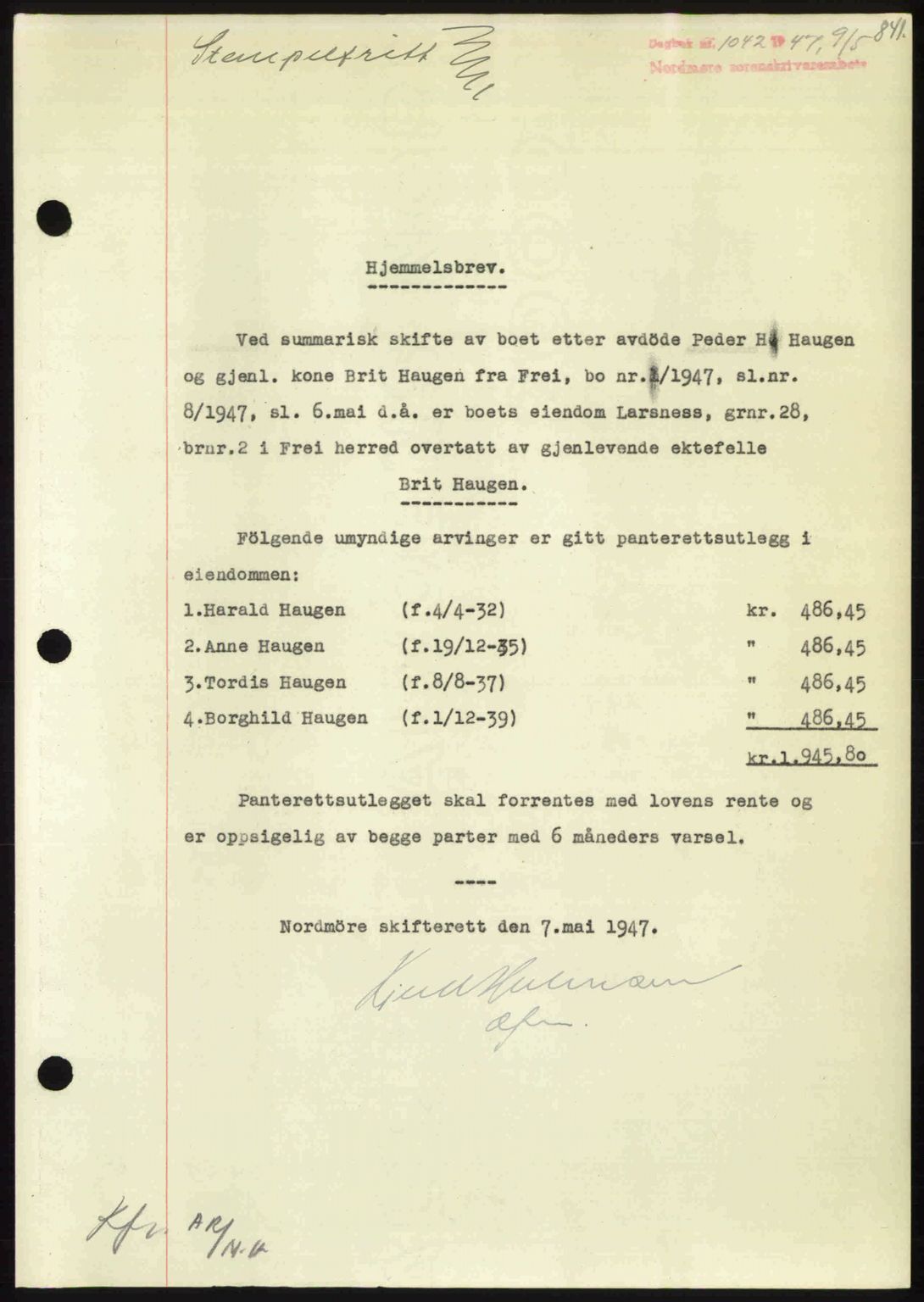 Nordmøre sorenskriveri, SAT/A-4132/1/2/2Ca: Pantebok nr. A104, 1947-1947, Dagboknr: 1042/1947