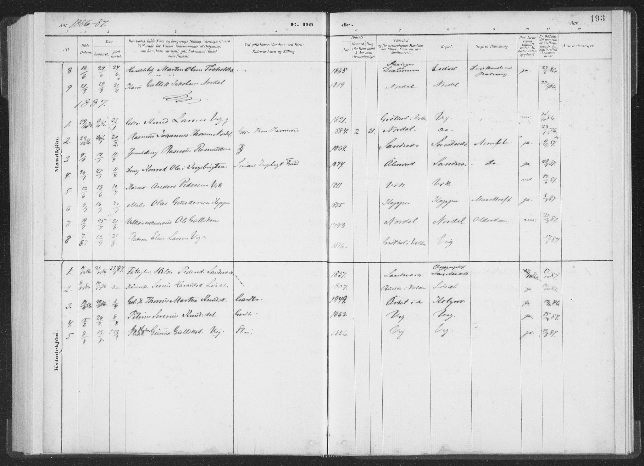 Ministerialprotokoller, klokkerbøker og fødselsregistre - Møre og Romsdal, AV/SAT-A-1454/502/L0025: Ministerialbok nr. 502A03, 1885-1909, s. 193