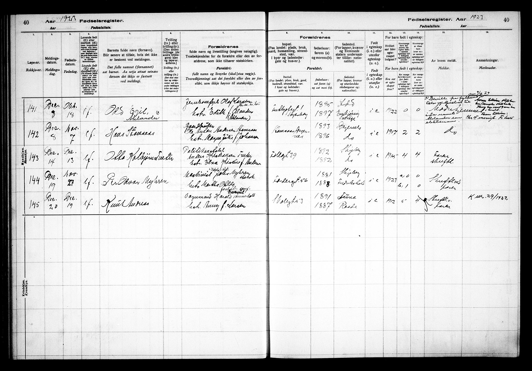Sarpsborg prestekontor Kirkebøker, AV/SAO-A-2006/J/Ja/L0002: Fødselsregister nr. 2, 1922-1928, s. 40