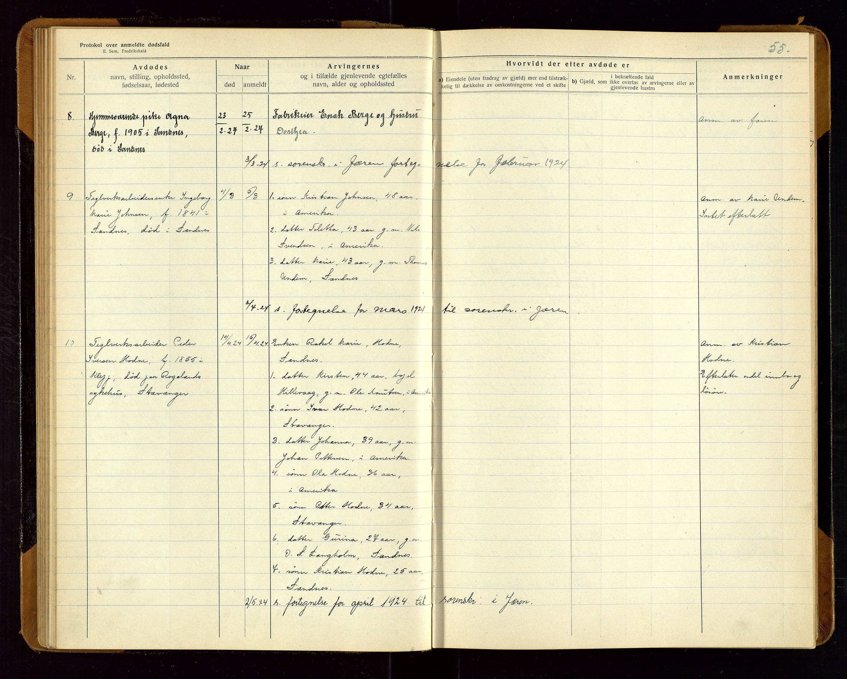 Sandnes lensmannskontor, AV/SAST-A-100167/Gga/L0001: "Protokol over anmeldte dødsfald" m/register, 1918-1940, s. 55