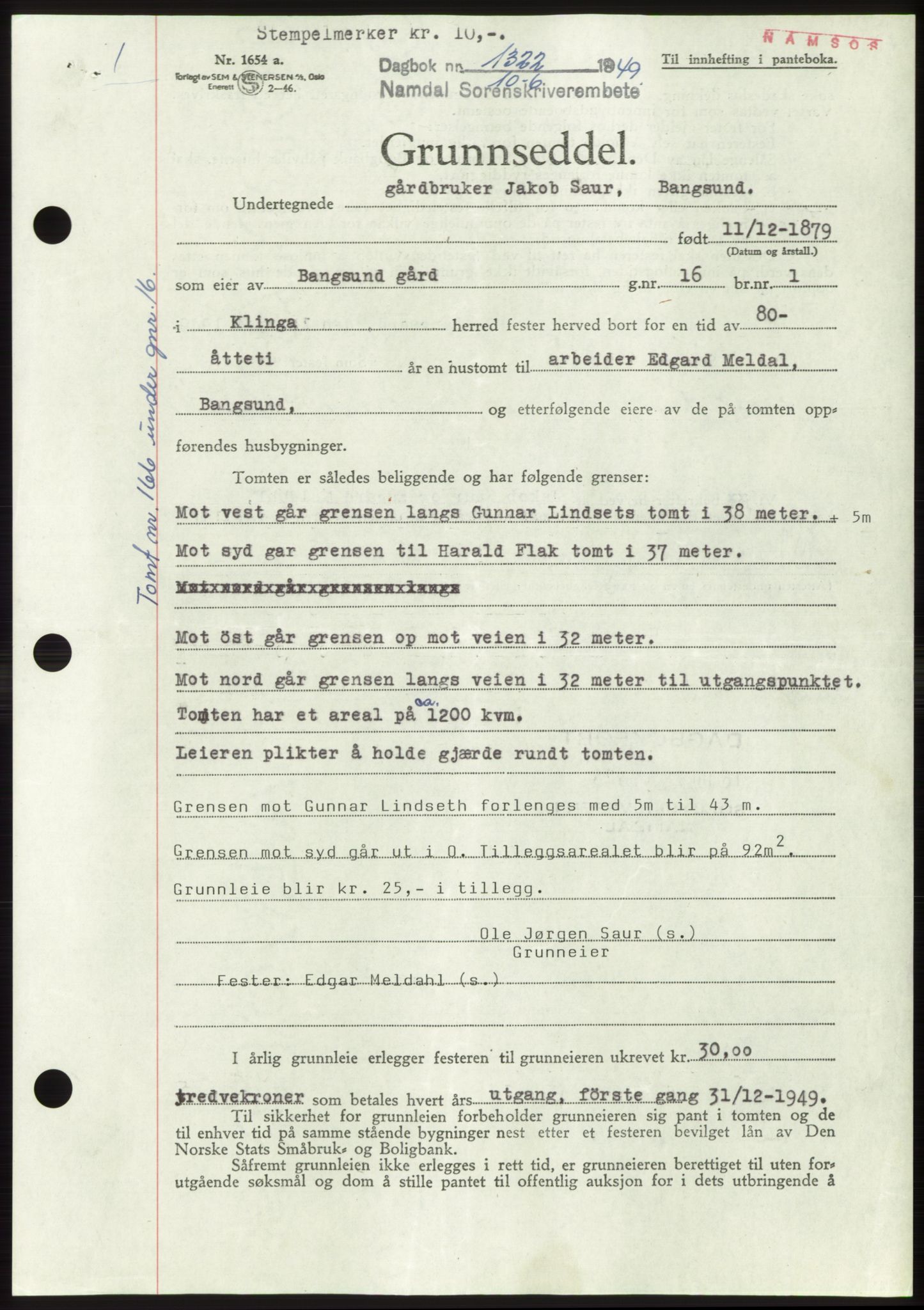 Namdal sorenskriveri, SAT/A-4133/1/2/2C: Pantebok nr. -, 1949-1949, Dagboknr: 1322/1949