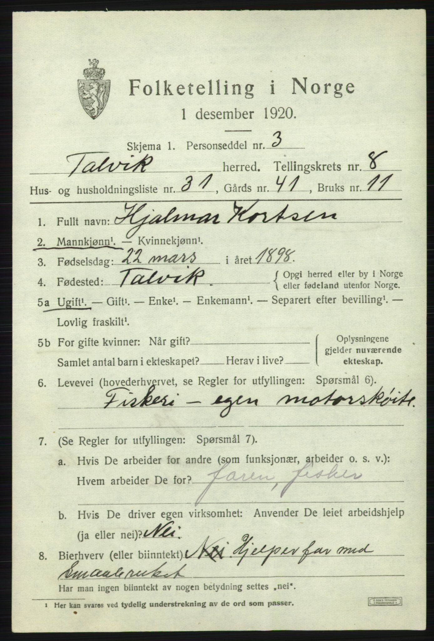 SATØ, Folketelling 1920 for 2013 Talvik herred, 1920, s. 5314
