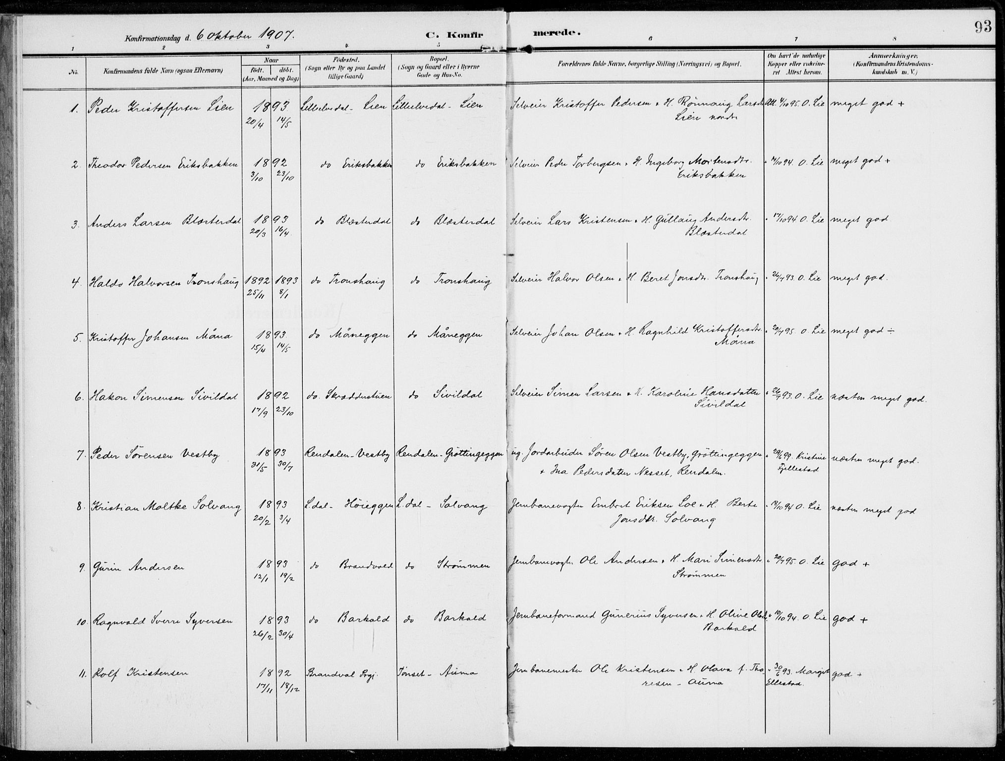 Alvdal prestekontor, SAH/PREST-060/H/Ha/Haa/L0004: Ministerialbok nr. 4, 1907-1919, s. 93