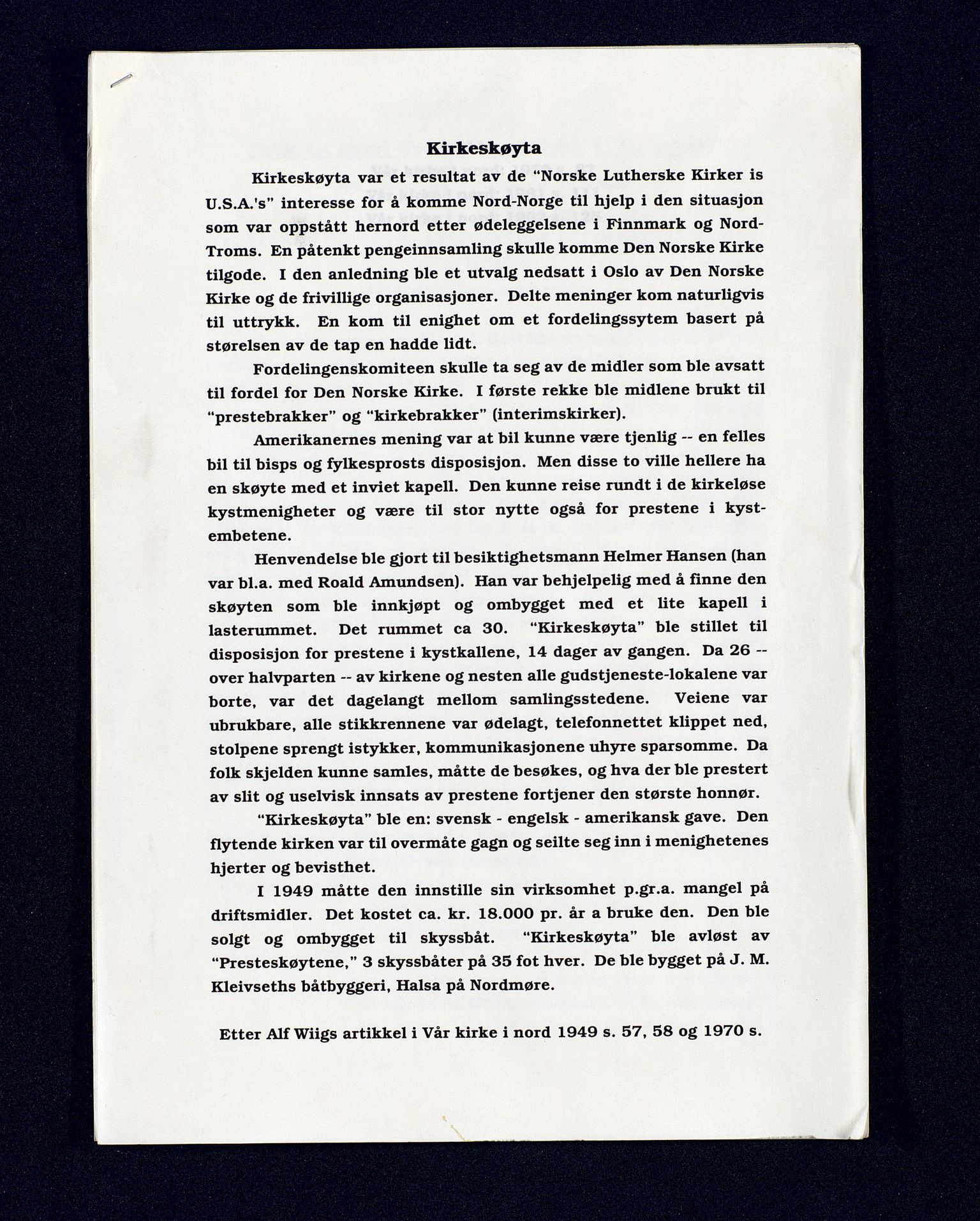 Biskopen i Nord-Hålogaland, AV/SATØ-S-1512/1/K/L0563/0003: Kirkeskøyta, presteskøytene / Album med fotografier av kirkeskøyta/ presteskøytene, dessuten avisutklipp og notater + vedlegg, 1946-1983