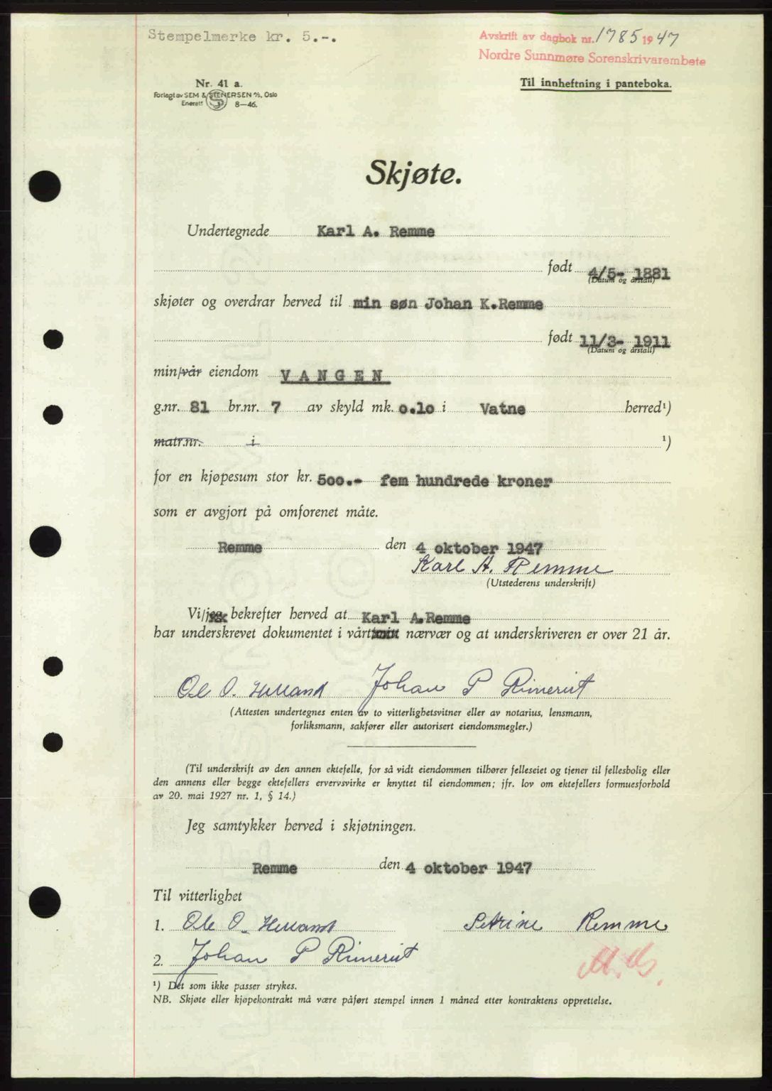 Nordre Sunnmøre sorenskriveri, AV/SAT-A-0006/1/2/2C/2Ca: Pantebok nr. A25, 1947-1947, Dagboknr: 1785/1947