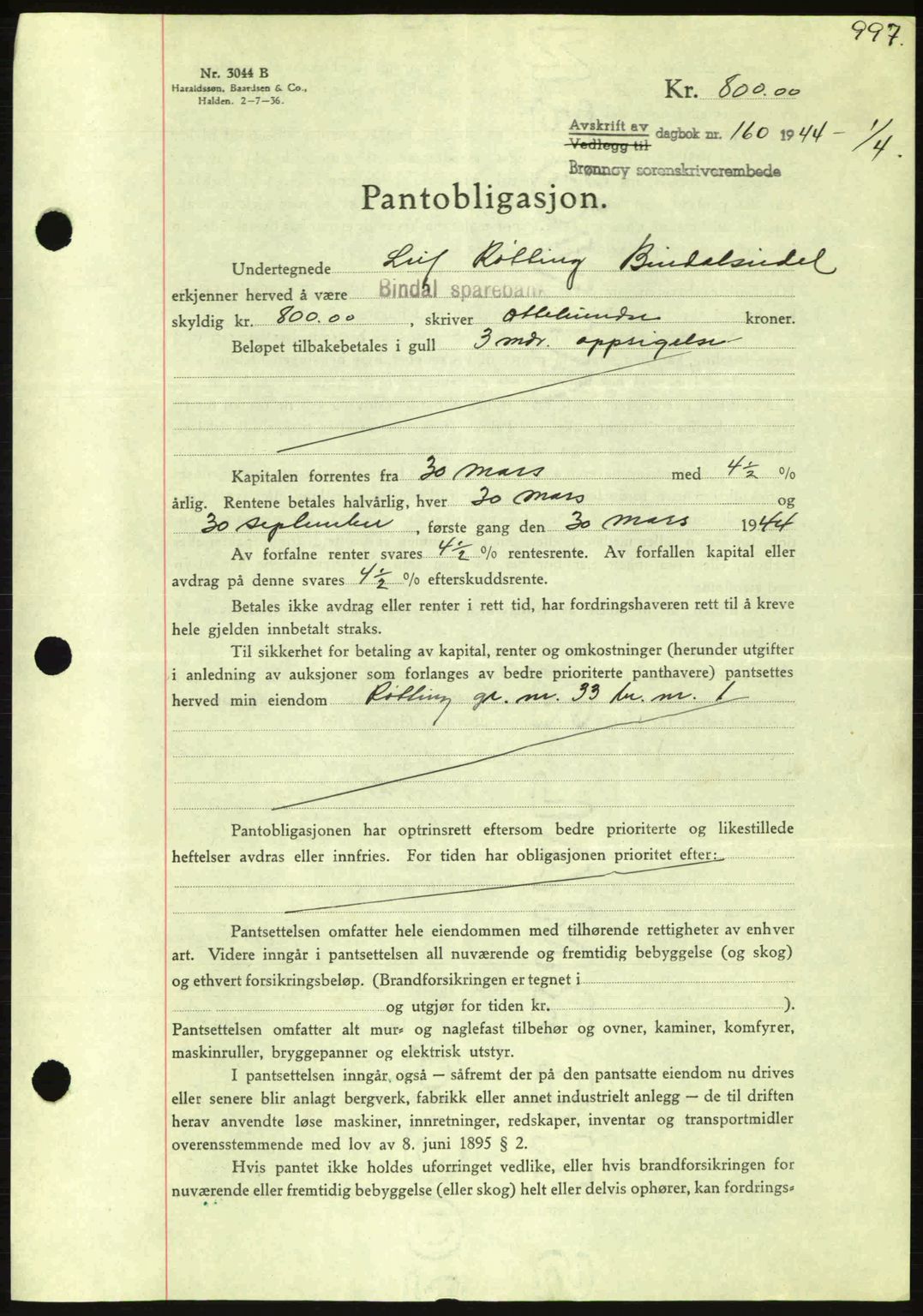 Brønnøy sorenskriveri, SAT/A-4170/1/2/2C: Pantebok nr. 23, 1943-1944, Dagboknr: 160/1944