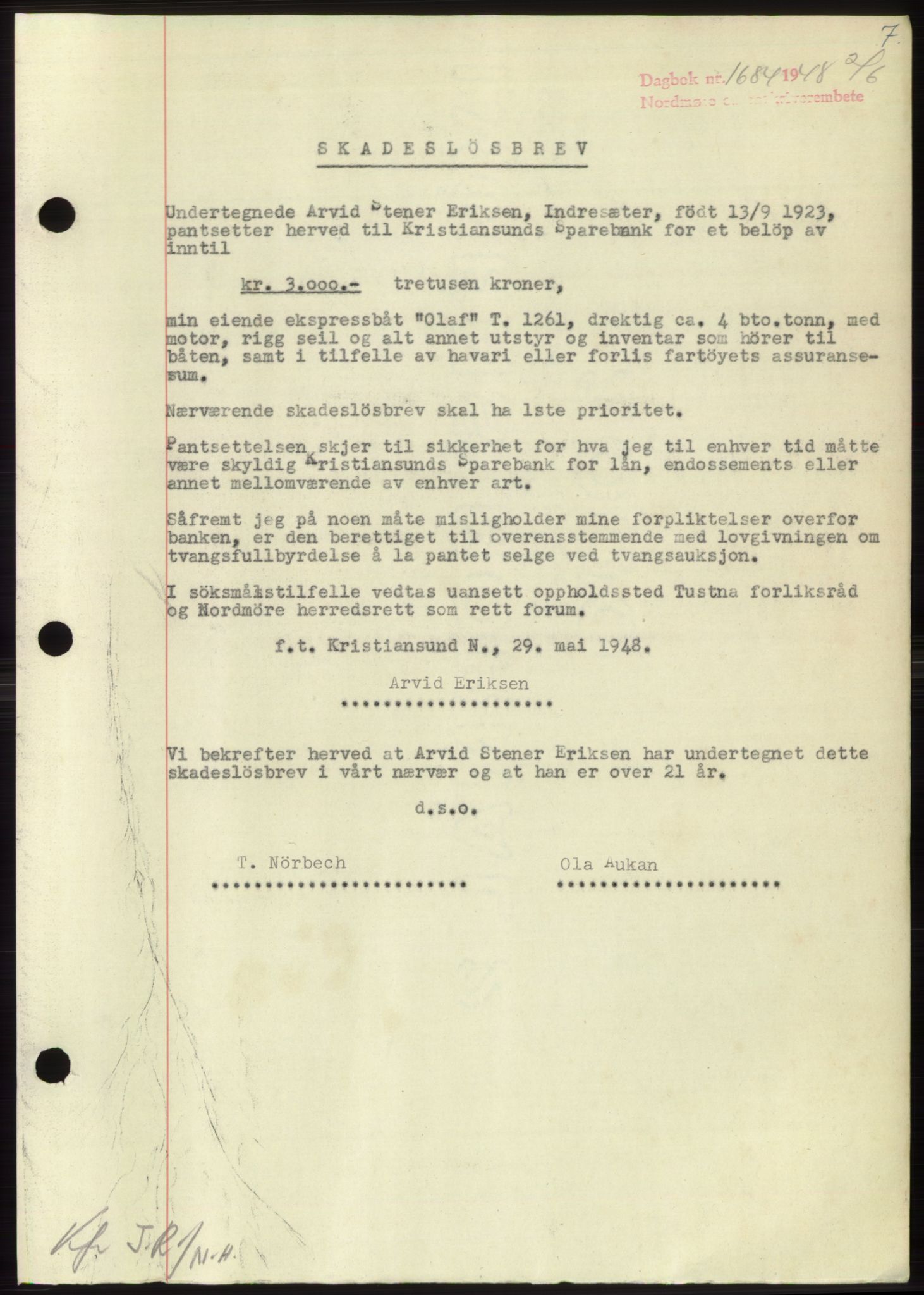 Nordmøre sorenskriveri, SAT/A-4132/1/2/2Ca: Pantebok nr. B99, 1948-1948, Dagboknr: 1684/1948