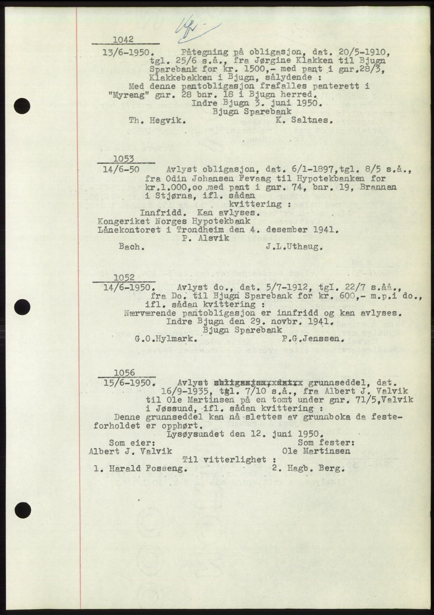 Fosen sorenskriveri, AV/SAT-A-1107/1/2/2C: Pantebok nr. B3, 1948-1950, Dagboknr: 1042/1950