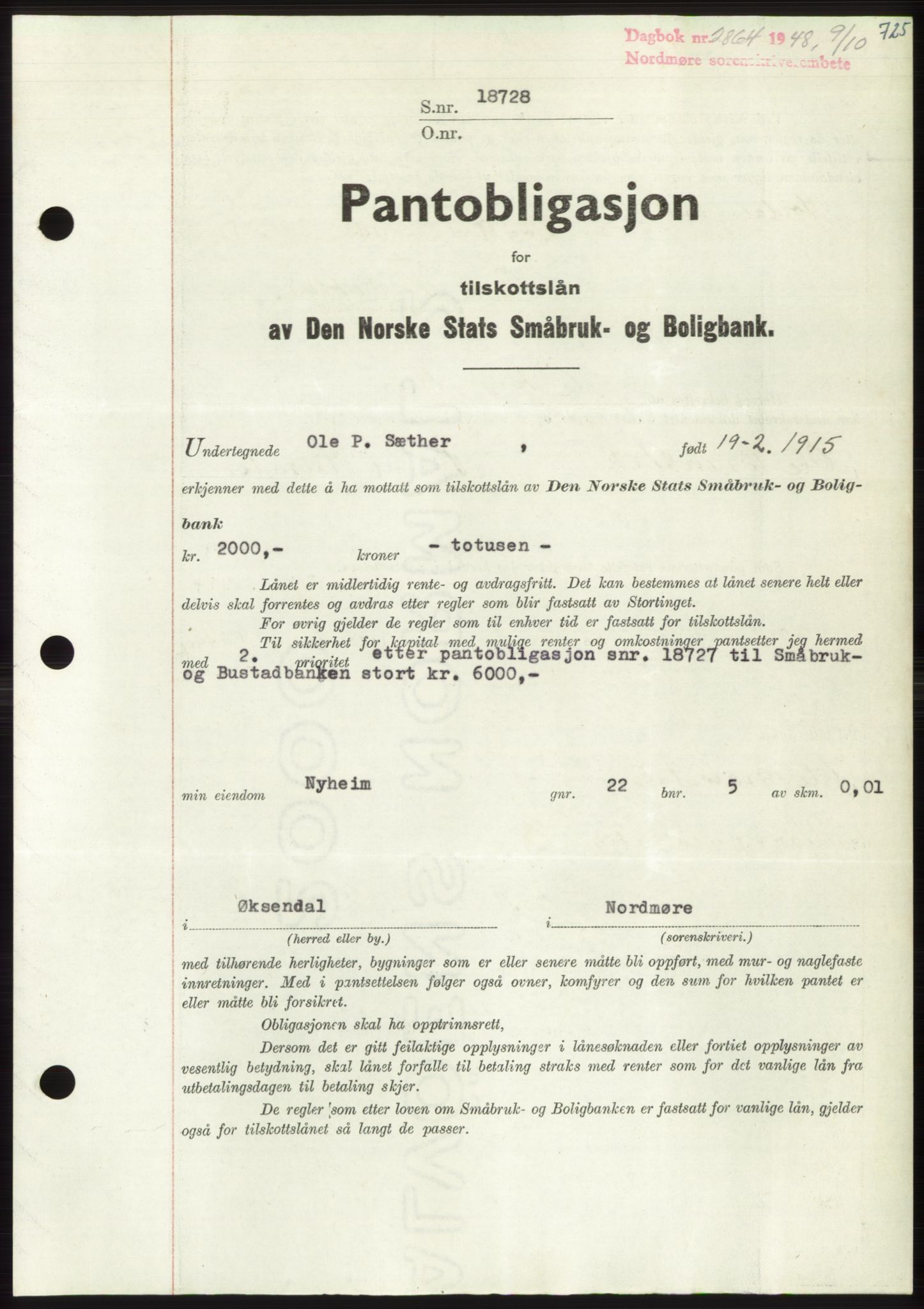 Nordmøre sorenskriveri, SAT/A-4132/1/2/2Ca: Pantebok nr. B99, 1948-1948, Dagboknr: 2864/1948