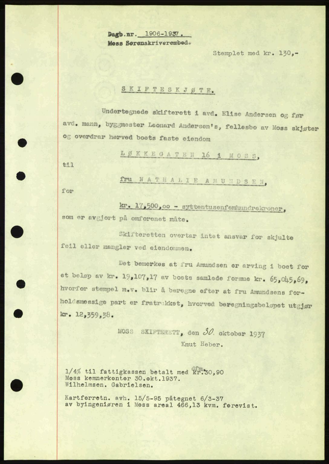 Moss sorenskriveri, SAO/A-10168: Pantebok nr. A3, 1937-1938, Dagboknr: 1906/1937