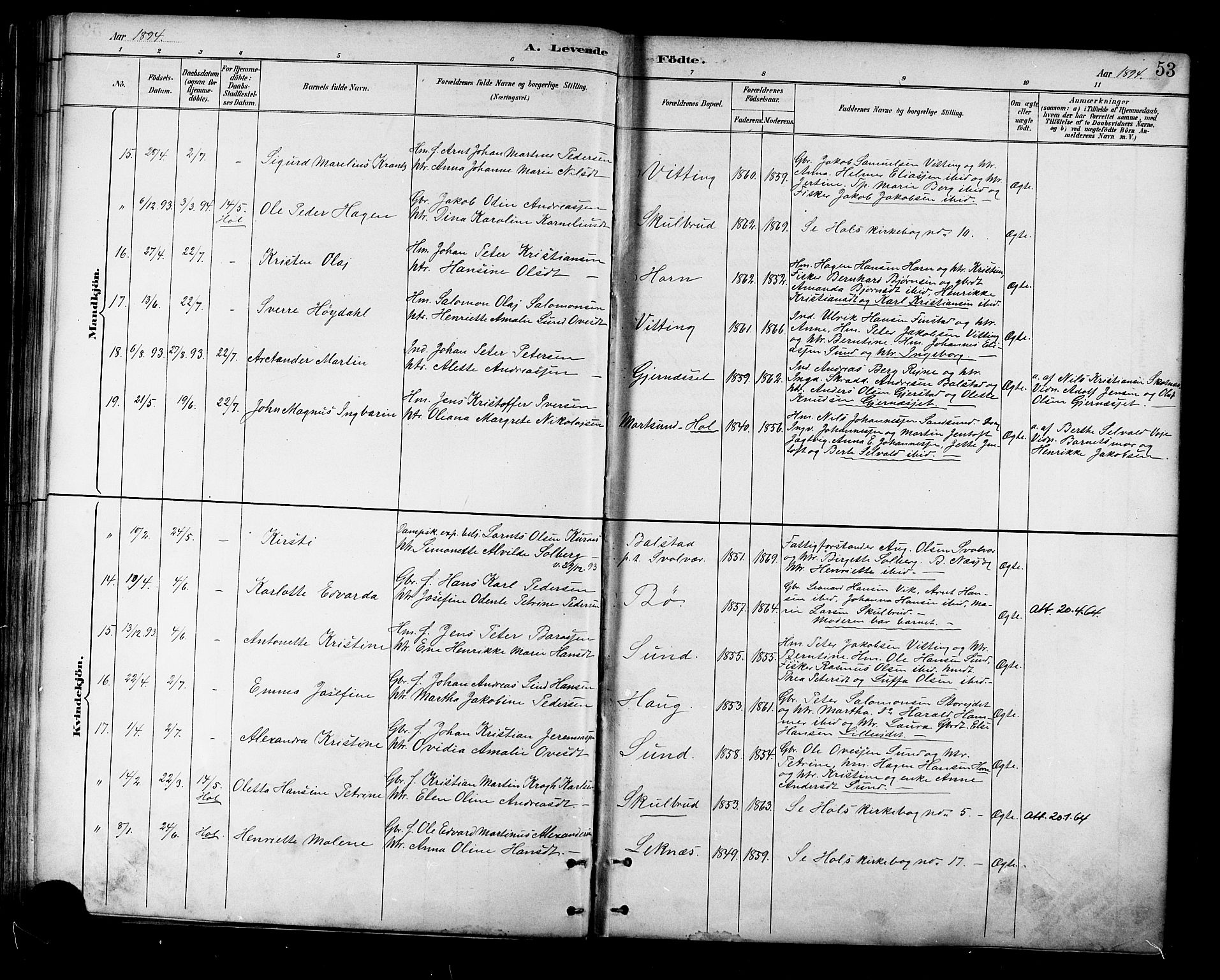 Ministerialprotokoller, klokkerbøker og fødselsregistre - Nordland, AV/SAT-A-1459/881/L1167: Klokkerbok nr. 881C04, 1886-1899, s. 53