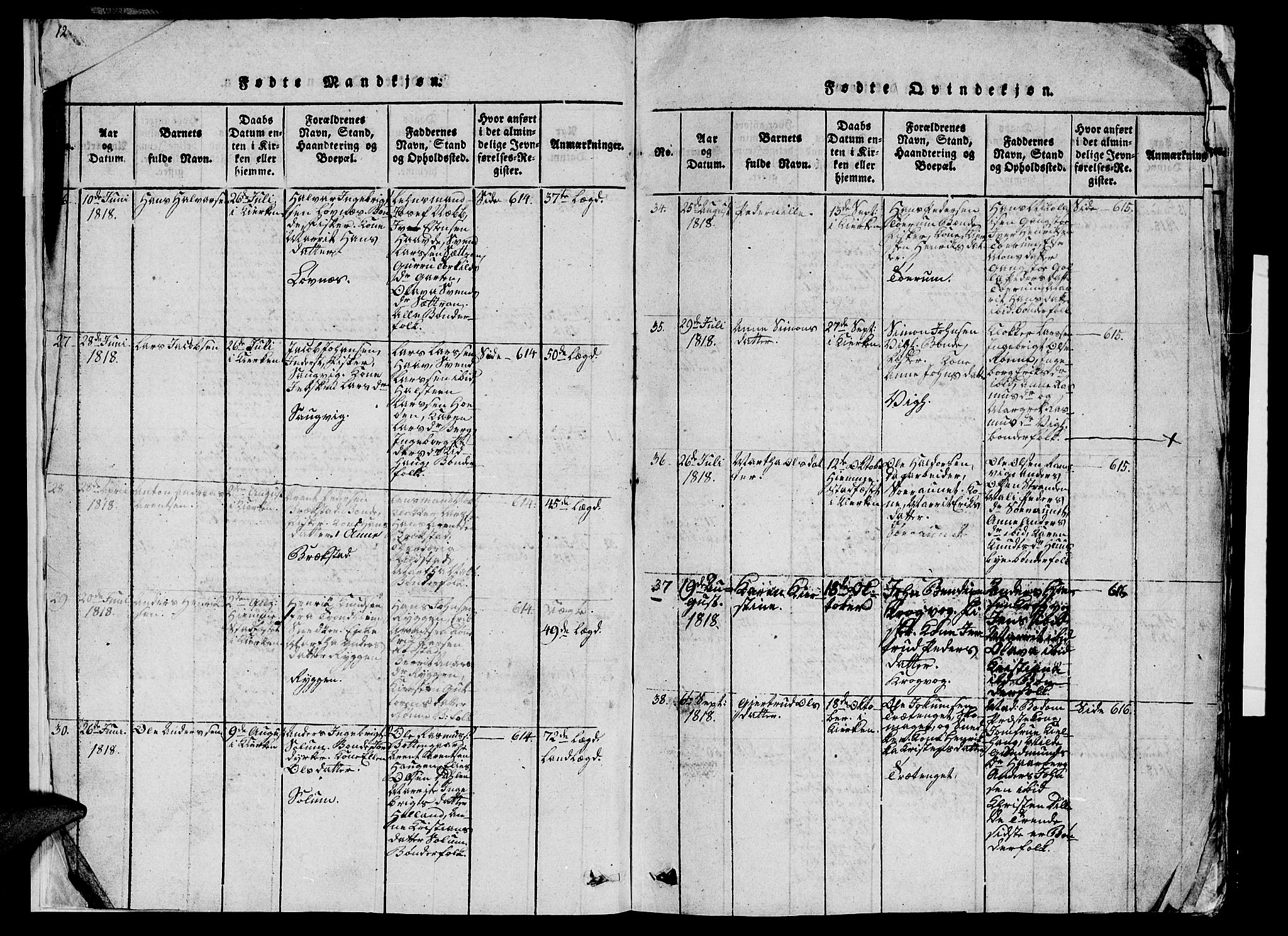 Ministerialprotokoller, klokkerbøker og fødselsregistre - Sør-Trøndelag, AV/SAT-A-1456/659/L0744: Klokkerbok nr. 659C01, 1818-1825, s. 12-13