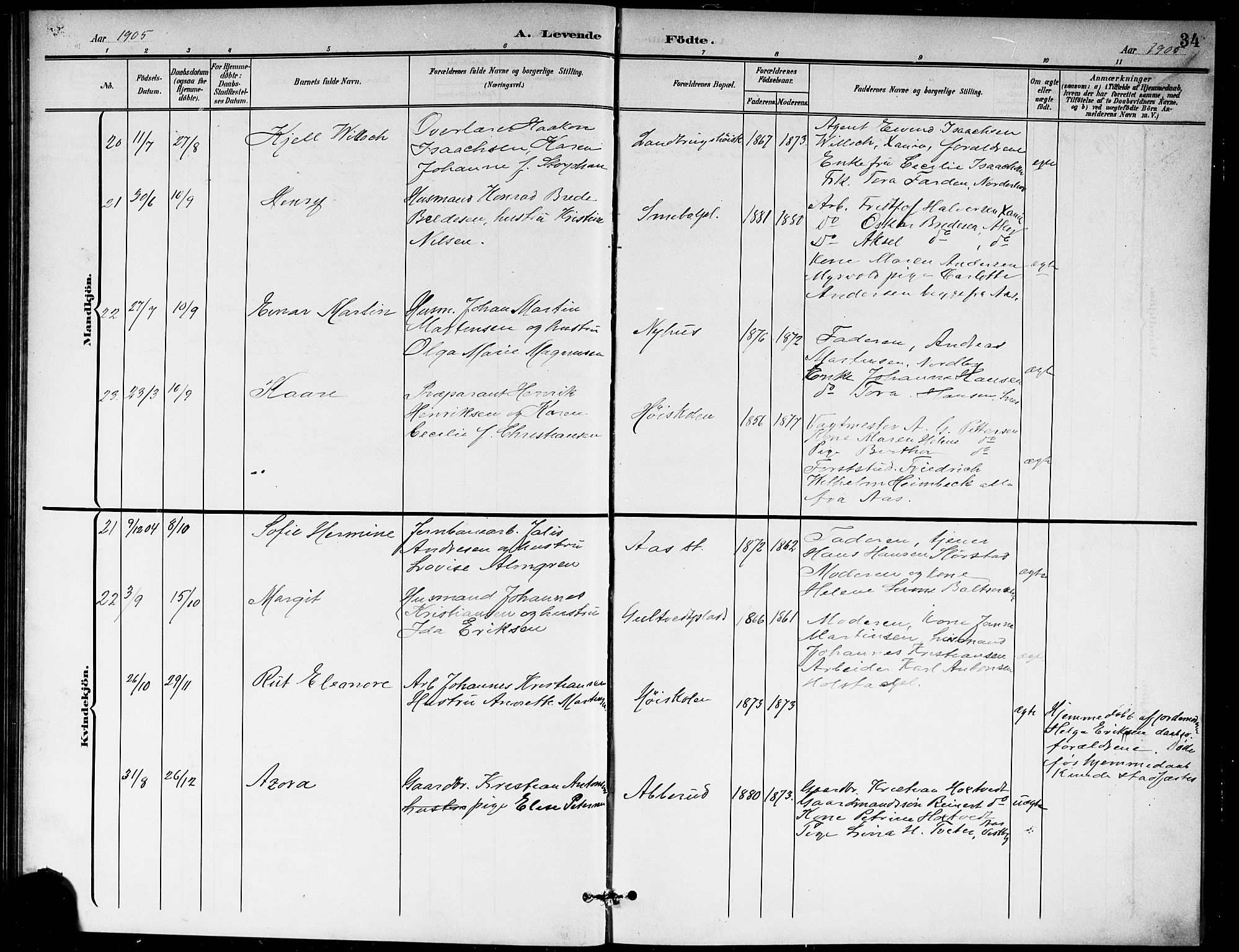 Ås prestekontor Kirkebøker, AV/SAO-A-10894/G/Ga/L0004: Klokkerbok nr. I 4, 1901-1915, s. 34