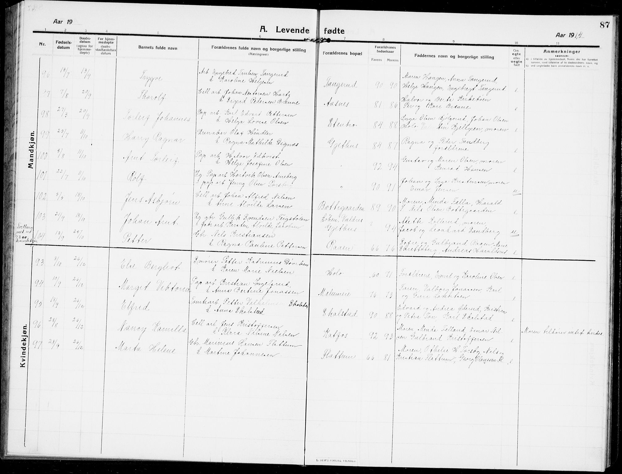 Modum kirkebøker, AV/SAKO-A-234/G/Ga/L0009: Klokkerbok nr. I 9, 1909-1923, s. 87