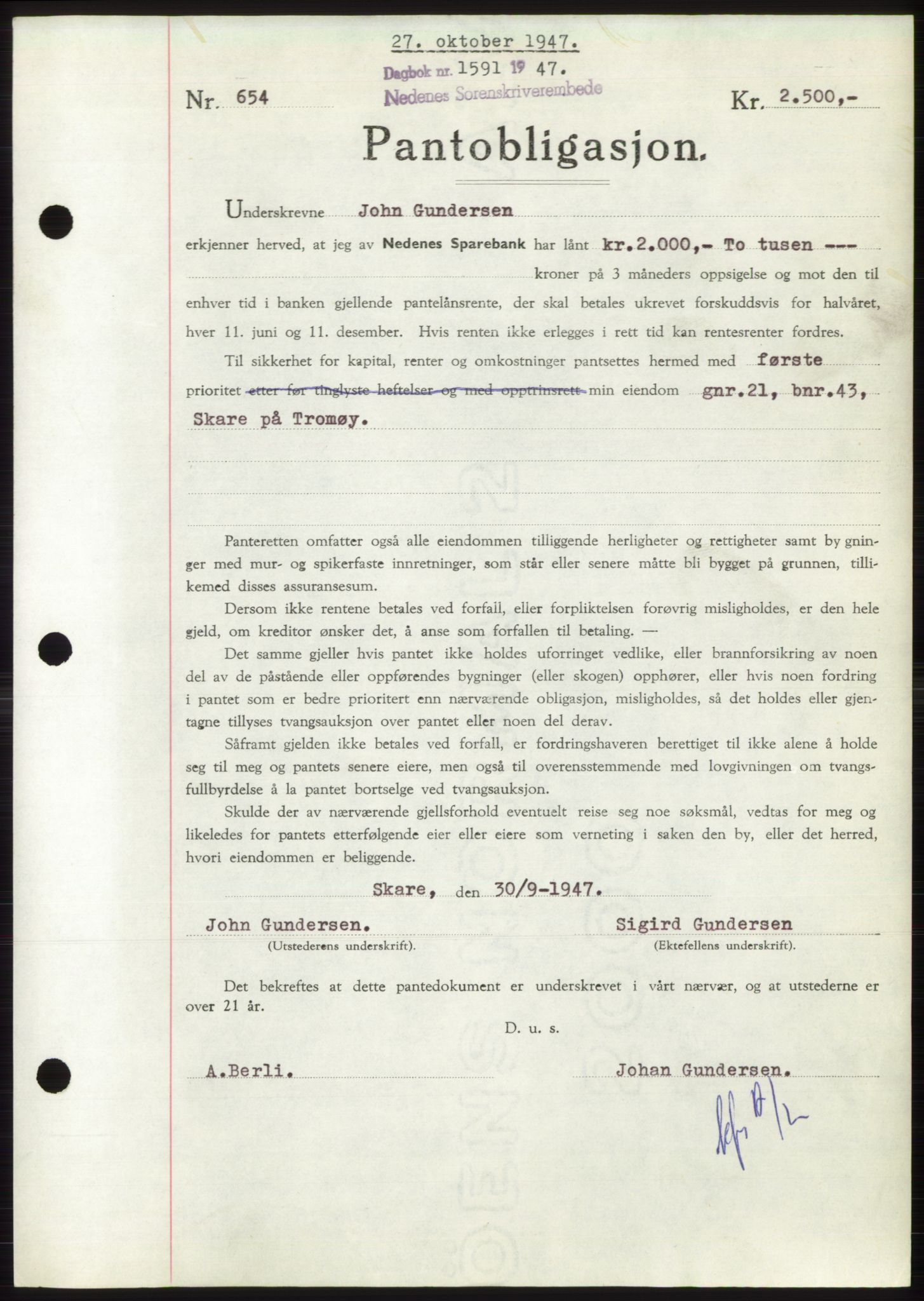 Nedenes sorenskriveri, AV/SAK-1221-0006/G/Gb/Gbb/L0004: Pantebok nr. B4, 1947-1947, Dagboknr: 1591/1947