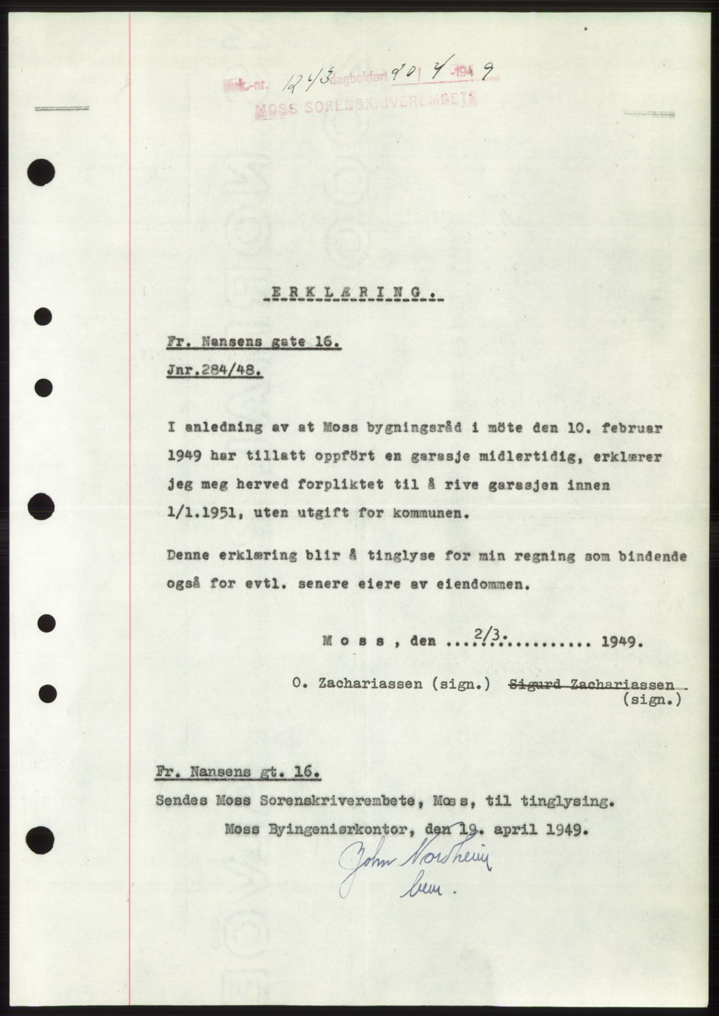 Moss sorenskriveri, SAO/A-10168: Pantebok nr. B21, 1949-1949, Dagboknr: 1243/1949