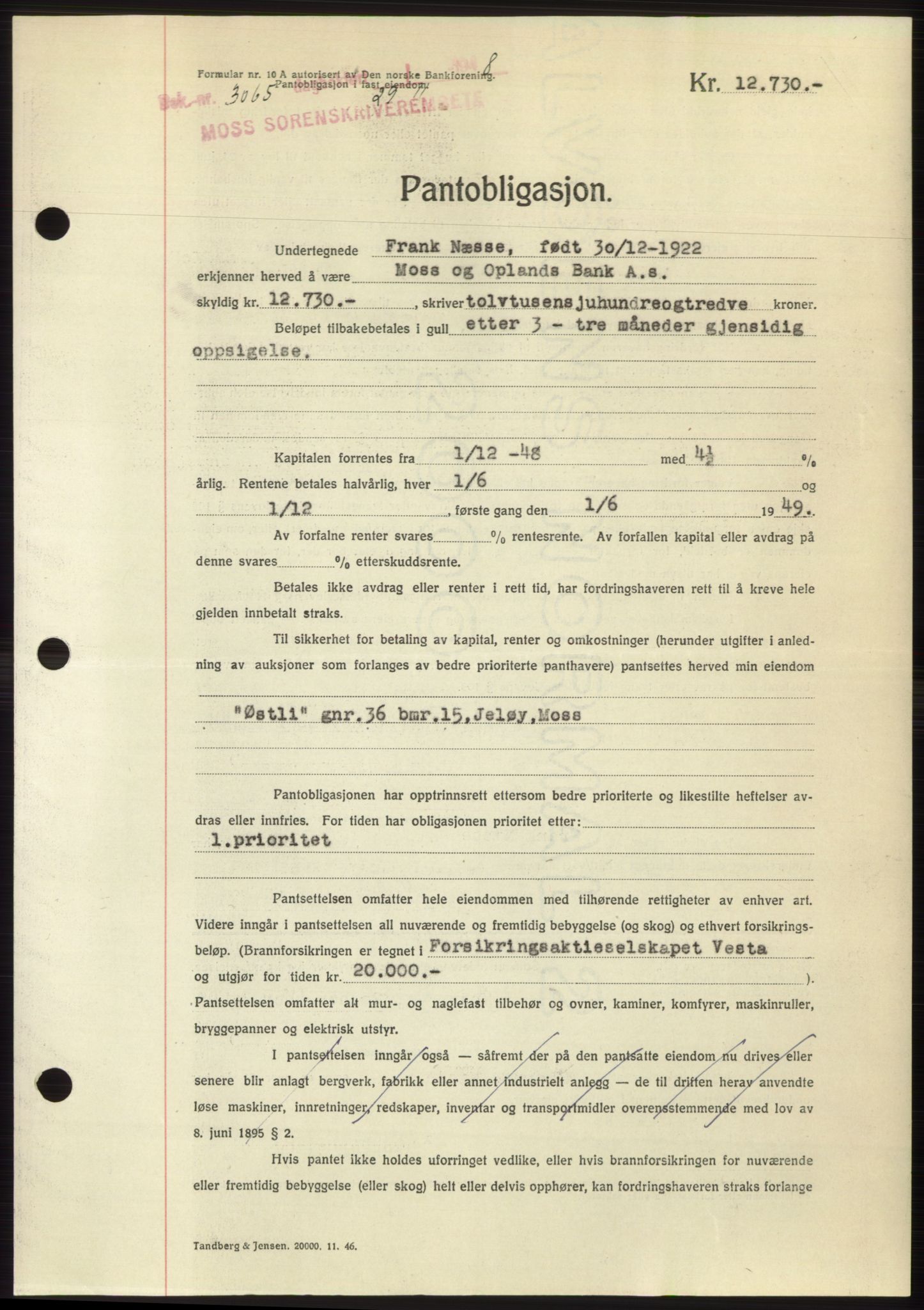 Moss sorenskriveri, AV/SAO-A-10168: Pantebok nr. B20, 1948-1948, Dagboknr: 3065/1948