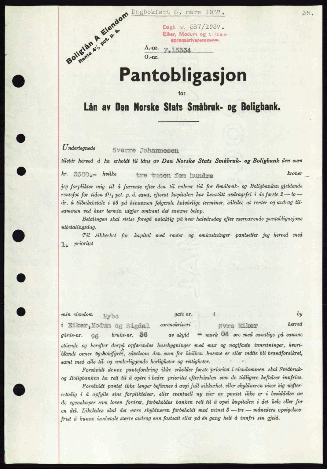 Eiker, Modum og Sigdal sorenskriveri, SAKO/A-123/G/Ga/Gab/L0035: Pantebok nr. A5, 1937-1937, Dagboknr: 587/1937