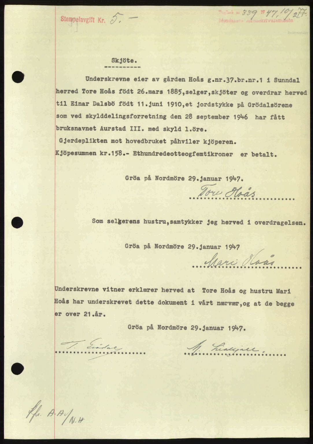 Nordmøre sorenskriveri, SAT/A-4132/1/2/2Ca: Pantebok nr. A104, 1947-1947, Dagboknr: 339/1947