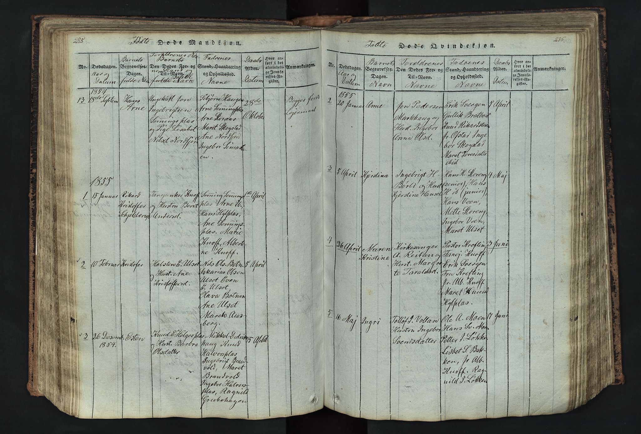 Kvikne prestekontor, AV/SAH-PREST-064/H/Ha/Hab/L0001: Klokkerbok nr. 1, 1815-1895, s. 285-286