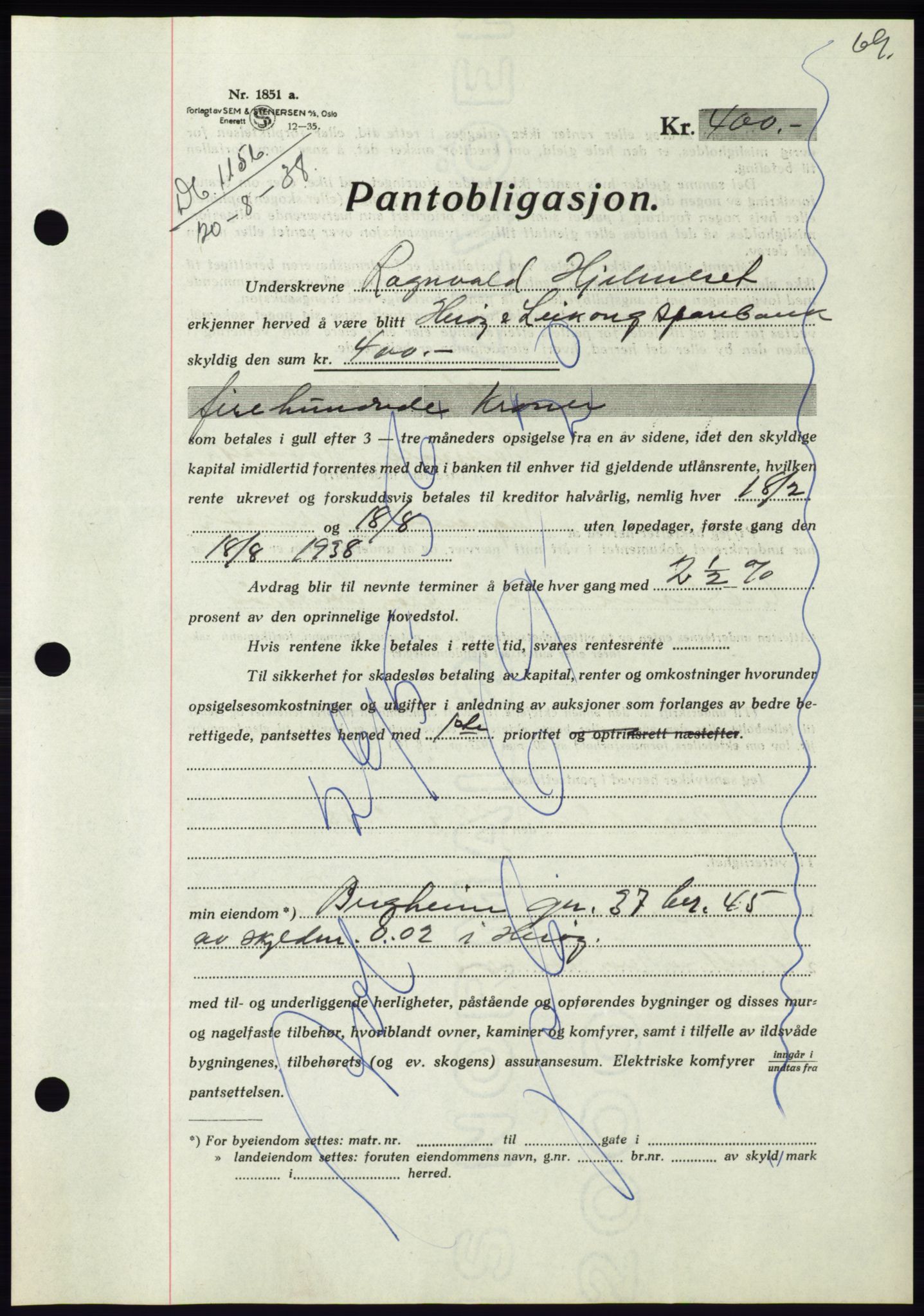 Søre Sunnmøre sorenskriveri, AV/SAT-A-4122/1/2/2C/L0066: Pantebok nr. 60, 1938-1938, Dagboknr: 1156/1938