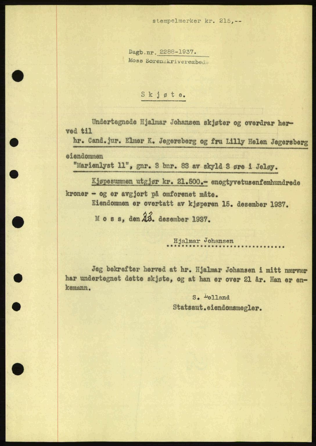 Moss sorenskriveri, SAO/A-10168: Pantebok nr. A3, 1937-1938, Dagboknr: 2288/1937
